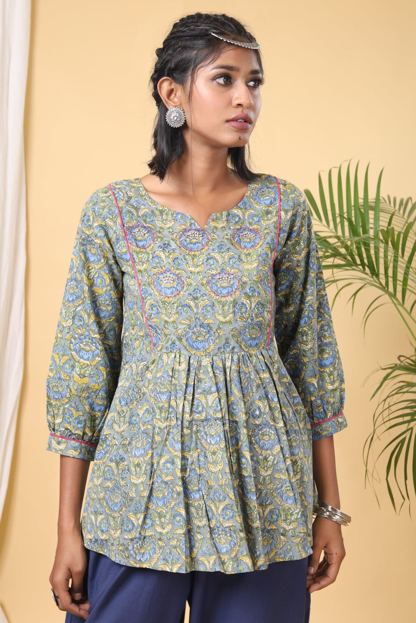 Green and Yellow handblock printed short top