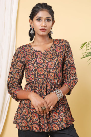 Black Floral Handblock Printed Short Top