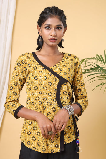 Mustard Ajarakh Handblock Print With Floral Jaal Short Top