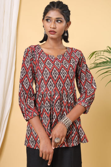 Scarlet Red Handblock Printed Tier Top