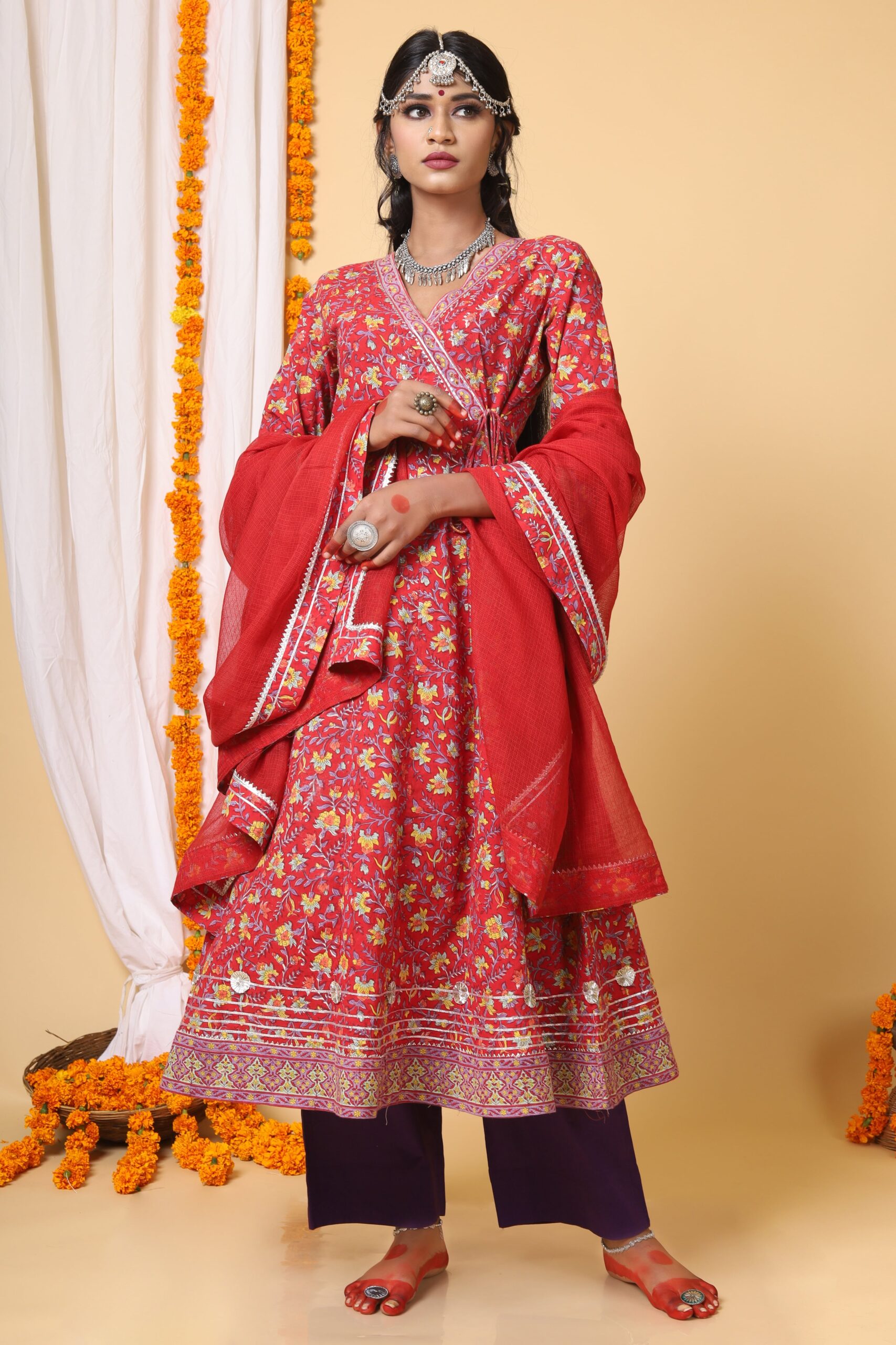 Red and Yellow Handblock Printed Anarkali with Kota Duppatta