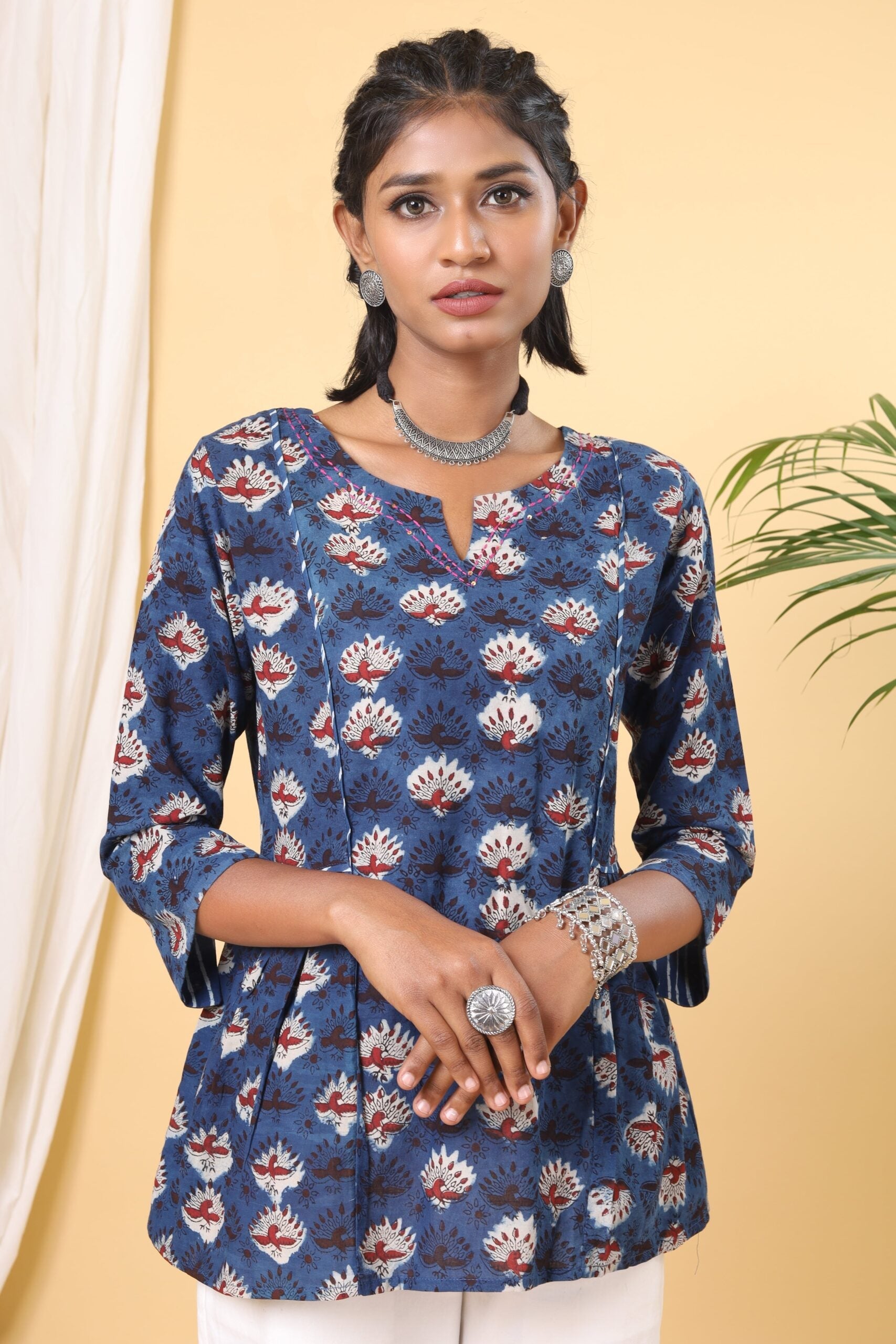Indigo Blue Peacock Printed Handblock Short Top