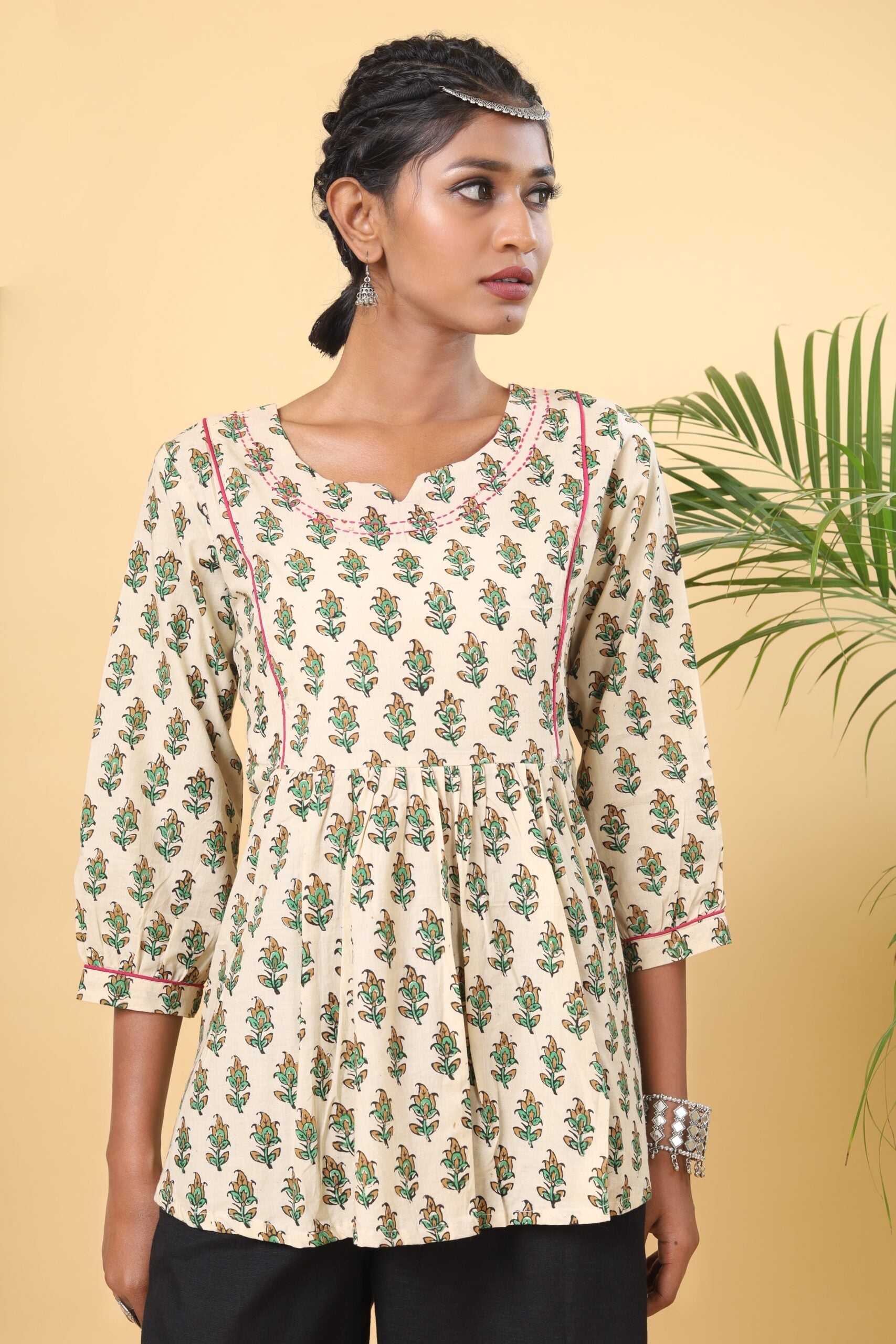Beige and Green handblock Printed Short top