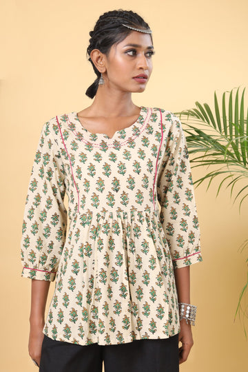 Beige and Green handblock Printed Short top