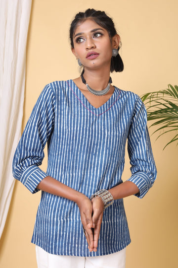 Indigo Stripes Short Top with Thread Tagai