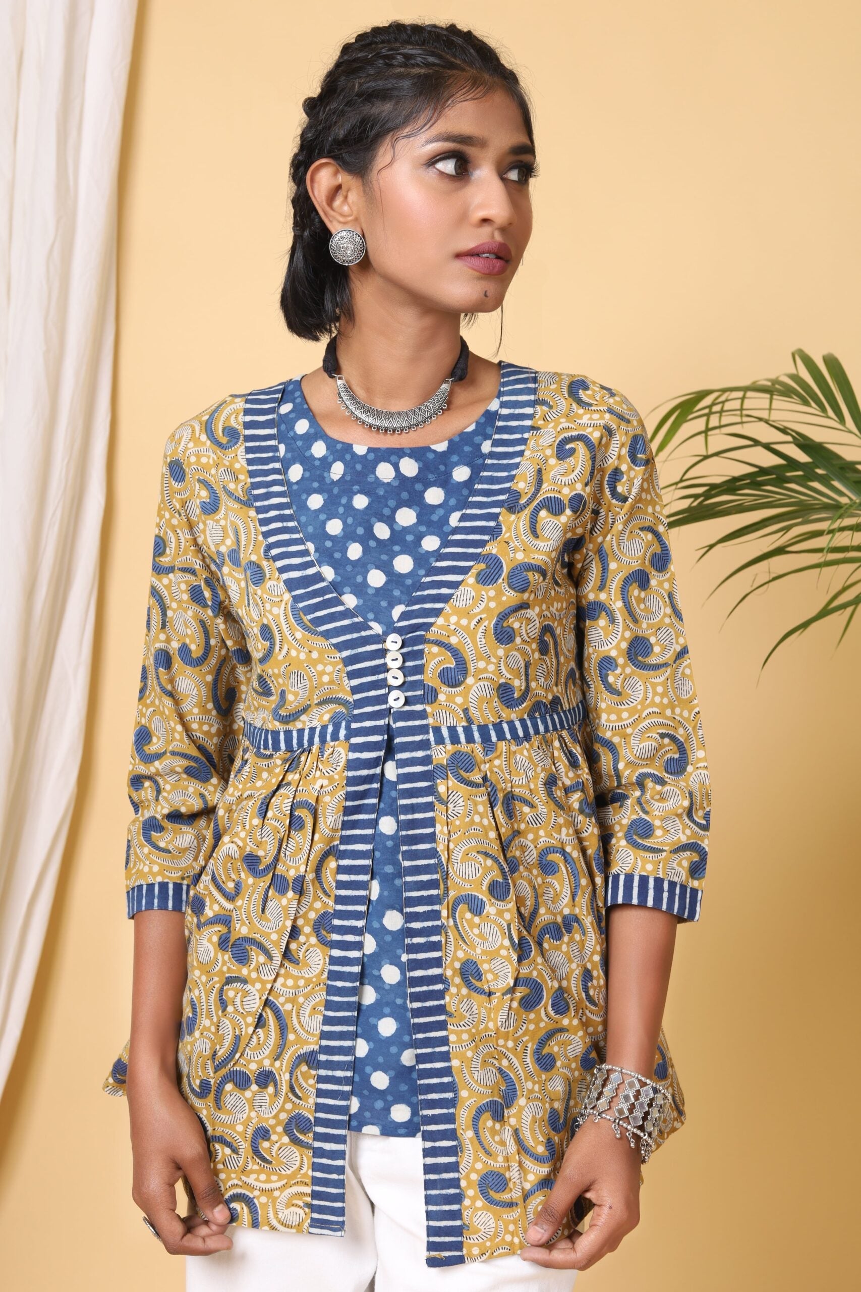 Mustard Handblock Printed Double Short Top
