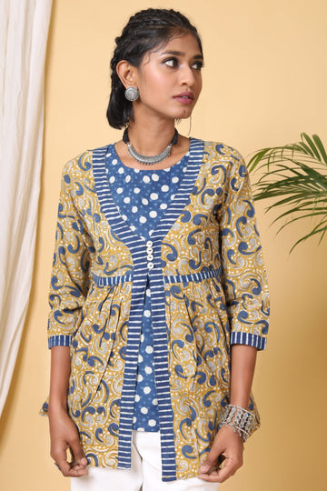 Mustard Handblock Printed Double Short Top