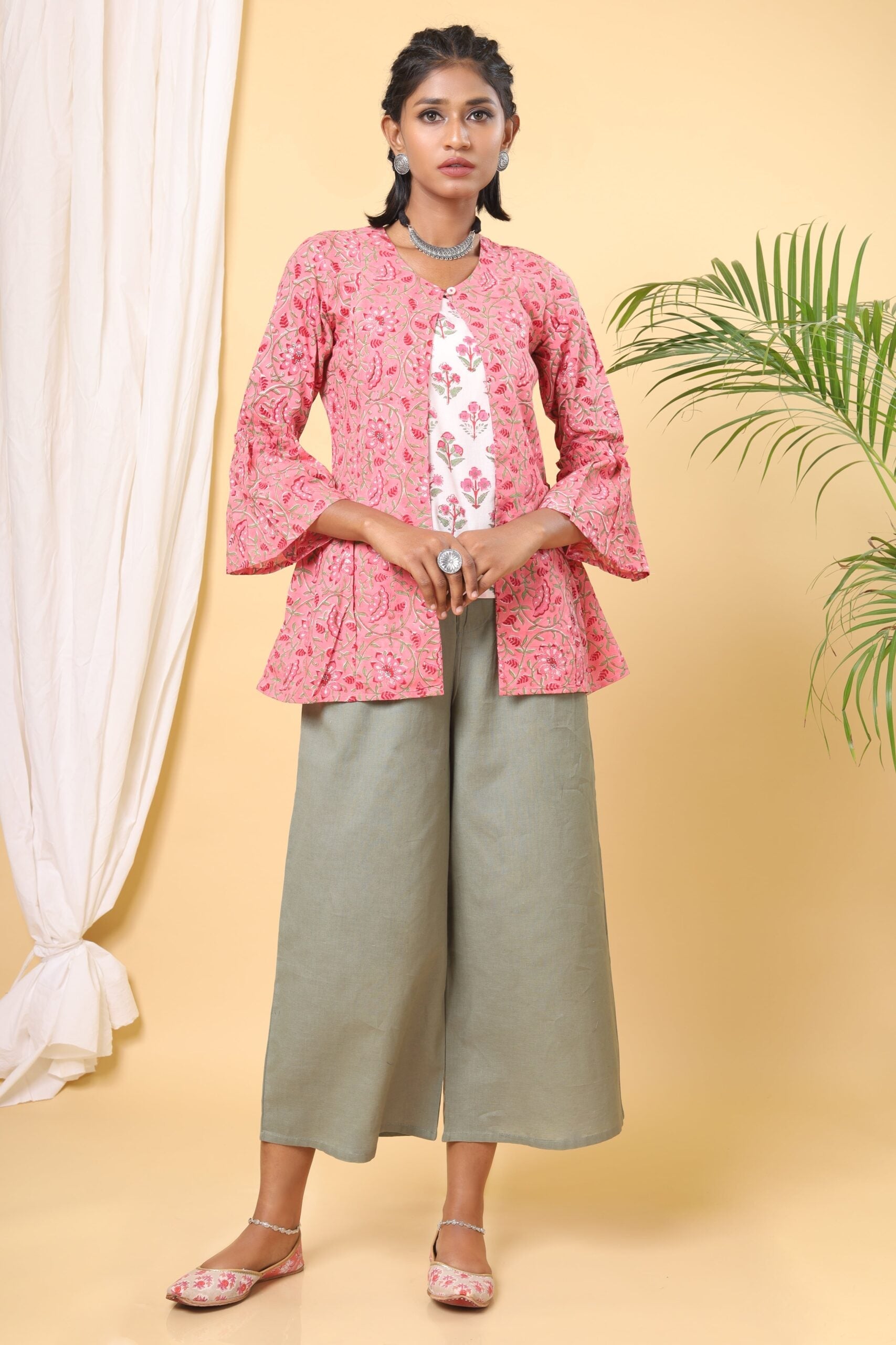 Flamingo Pink Handblock Printed Floral Double Top