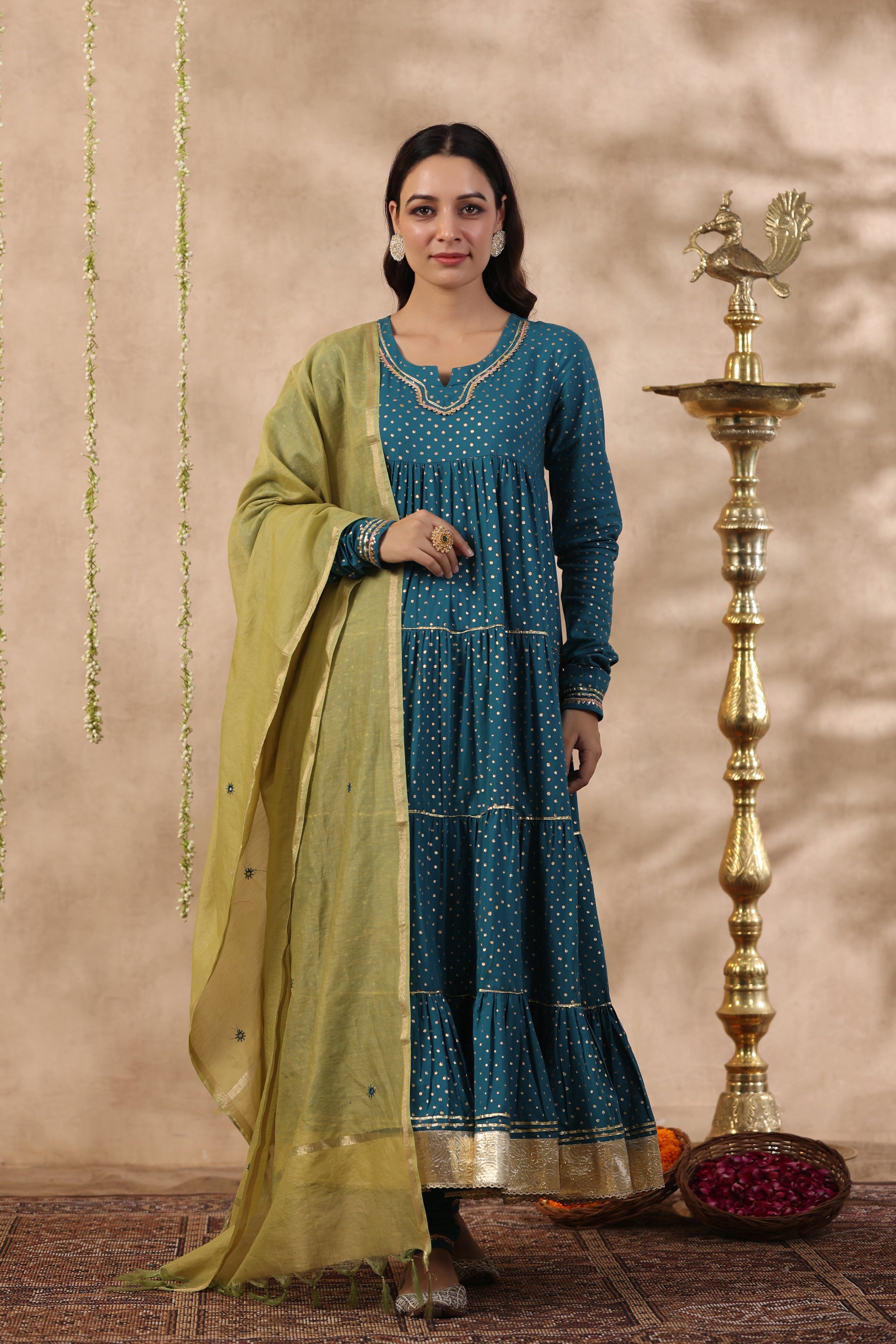 Shuddhi Teal Green tier kurta with chuddidar and duppatta