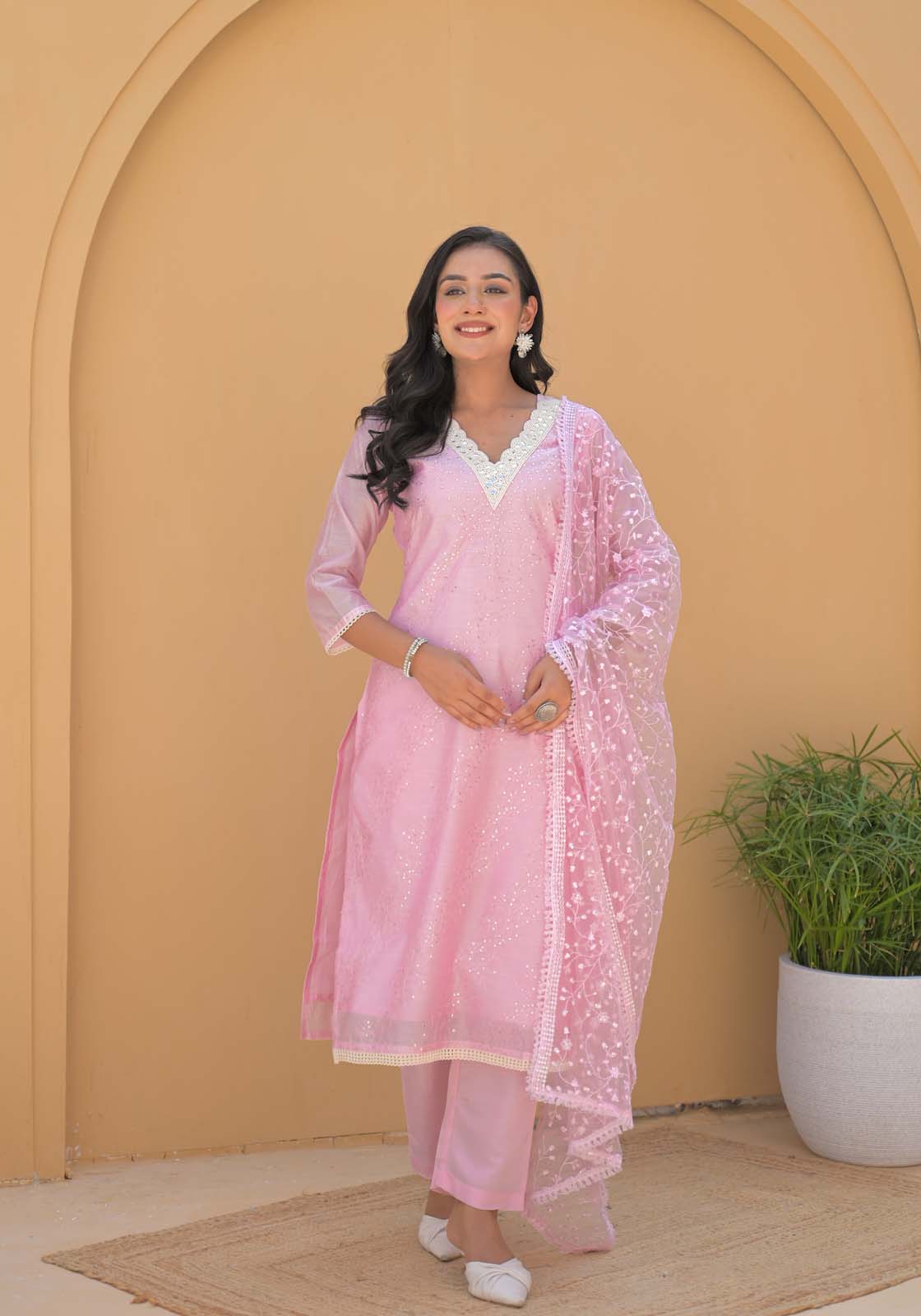 Label Khoj Women Chanderi silk kurta, trouser and dupptta set