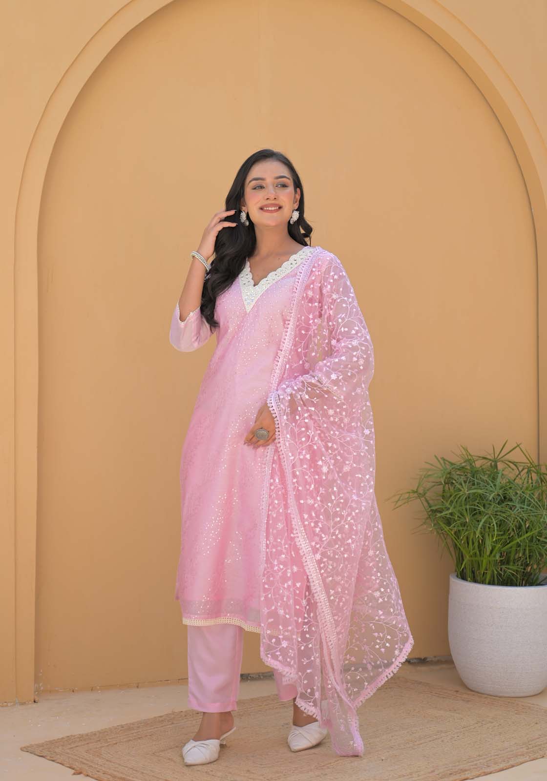 Label Khoj Women Chanderi silk kurta, trouser and dupptta set