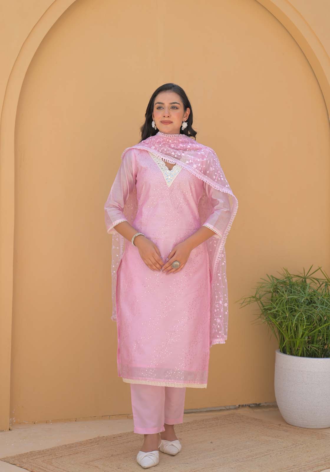 Label Khoj Women Chanderi silk kurta, trouser and dupptta set