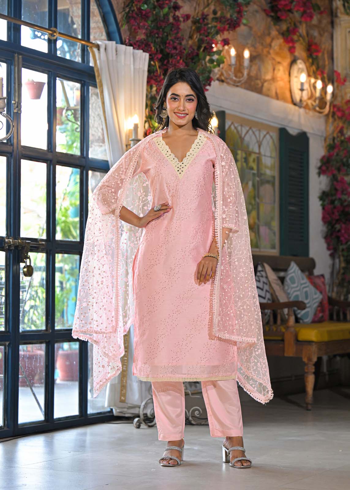 Label Khoj Women Chanderi silk kurta, trouser and dupptta set