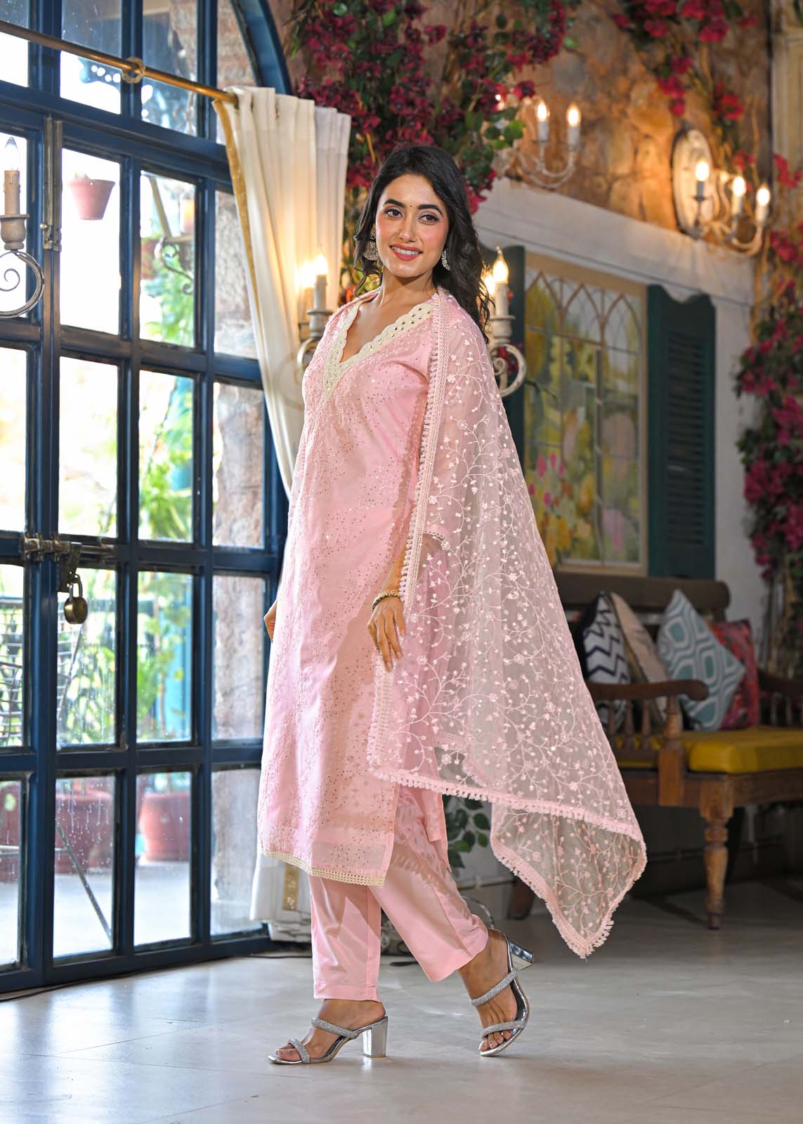 Label Khoj Women Chanderi silk kurta, trouser and dupptta set