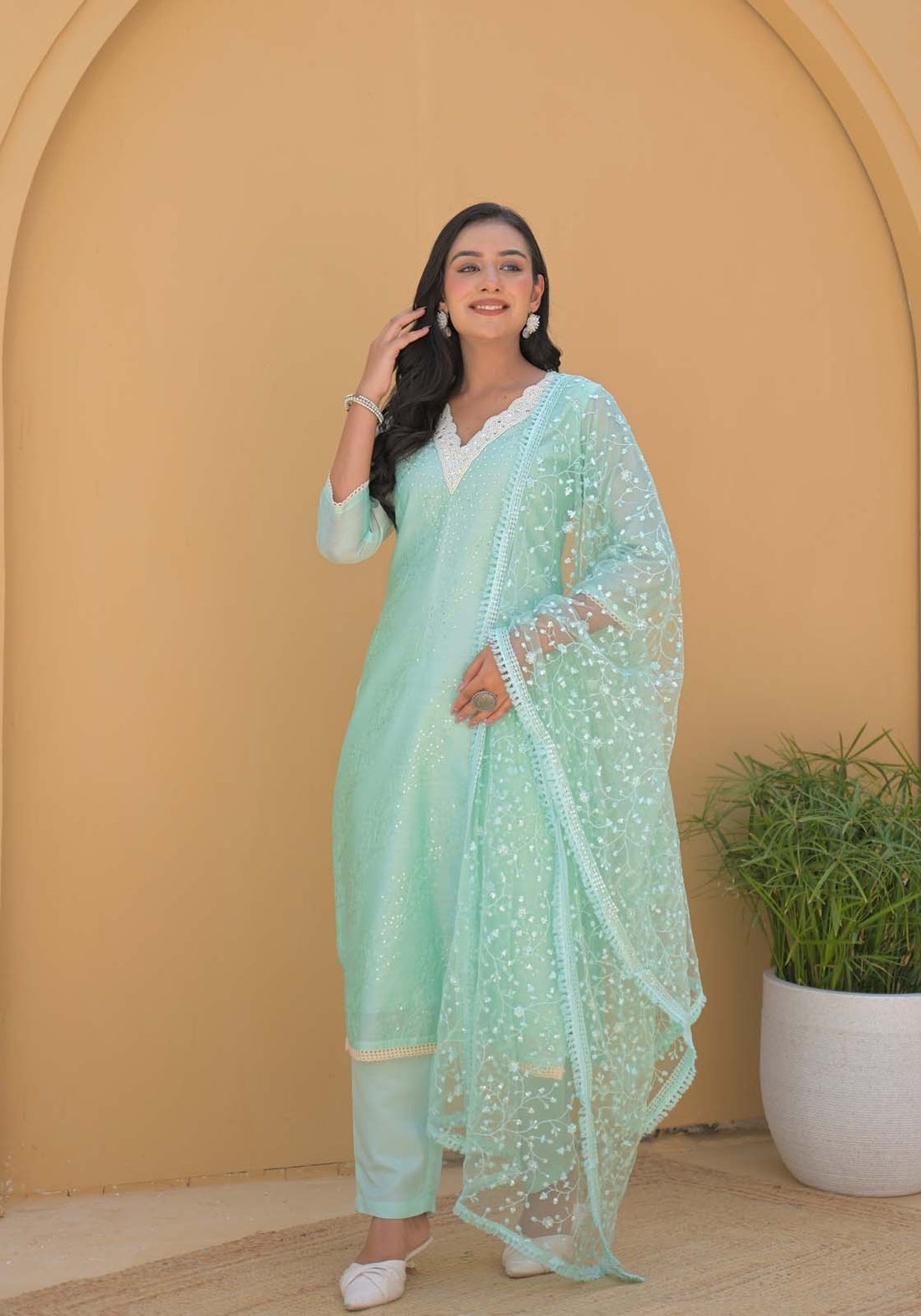 Label Khoj Women Chanderi silk kurta, trouser and dupptta set