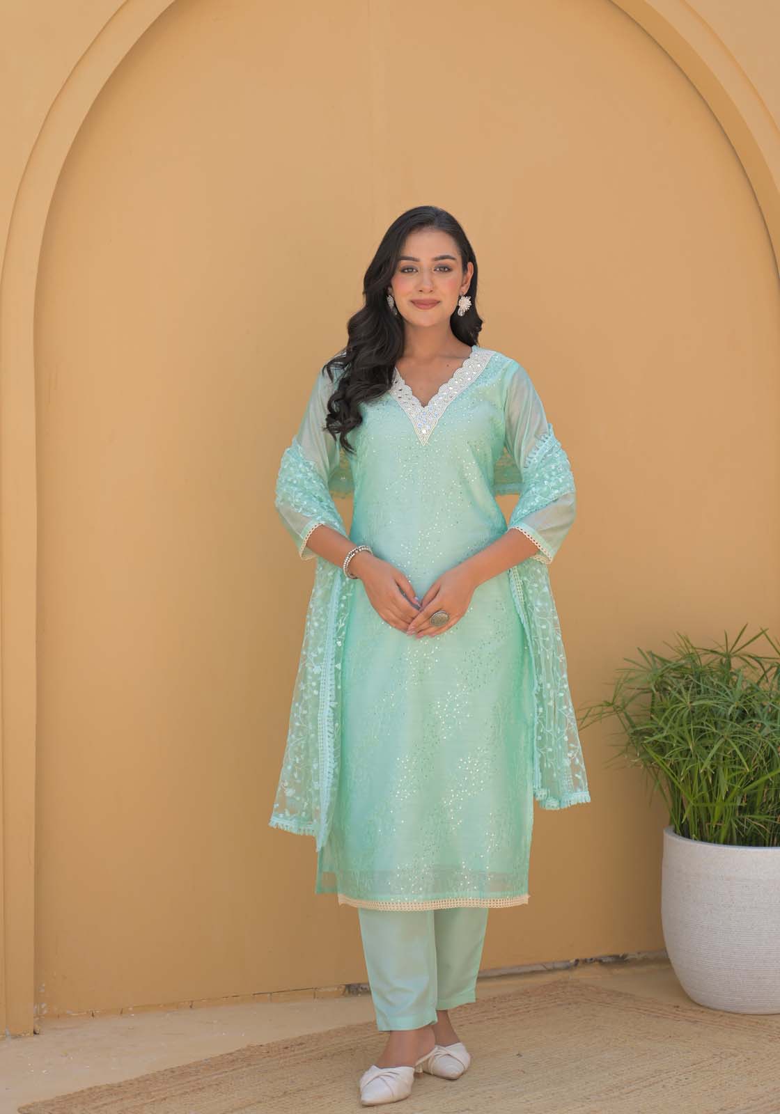 Label Khoj Women Chanderi silk kurta, trouser and dupptta set