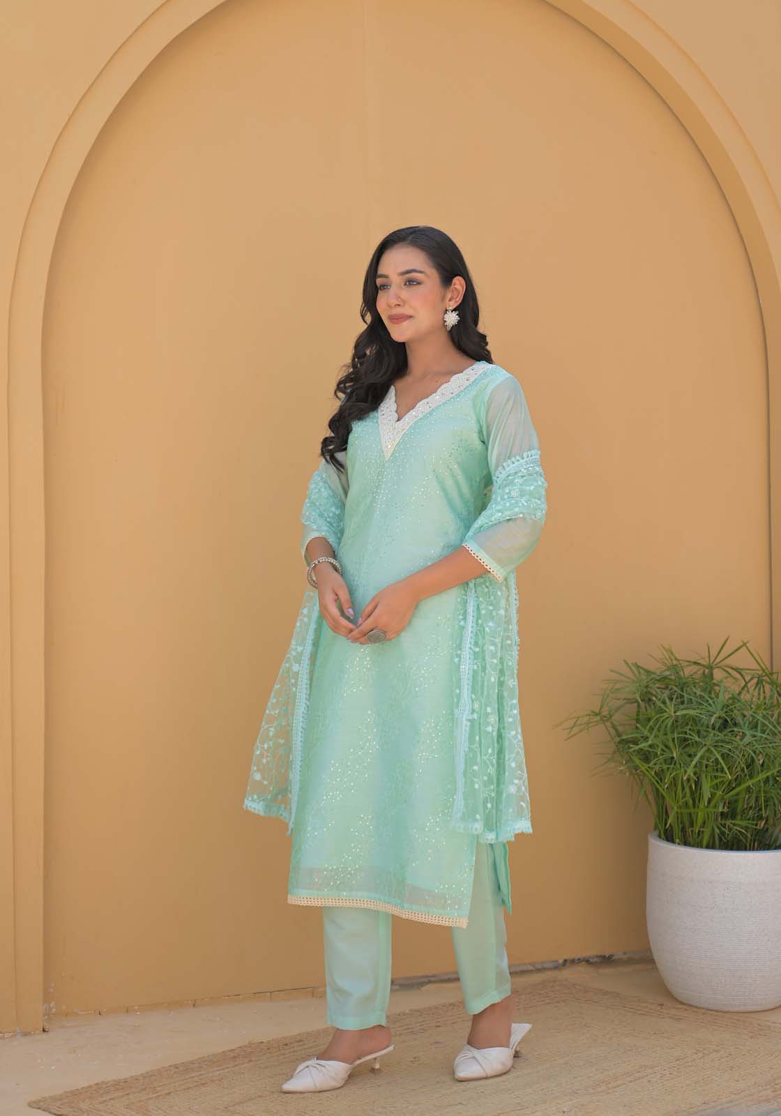 Label Khoj Women Chanderi silk kurta, trouser and dupptta set