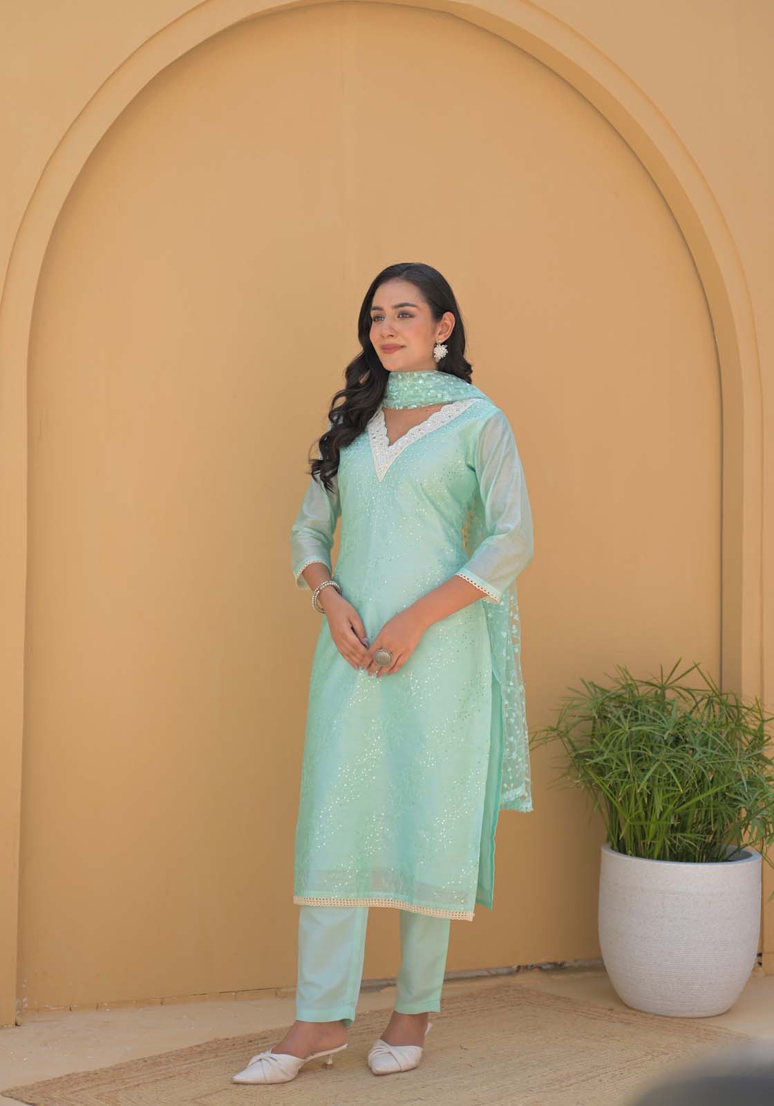 Label Khoj Women Chanderi silk kurta, trouser and dupptta set