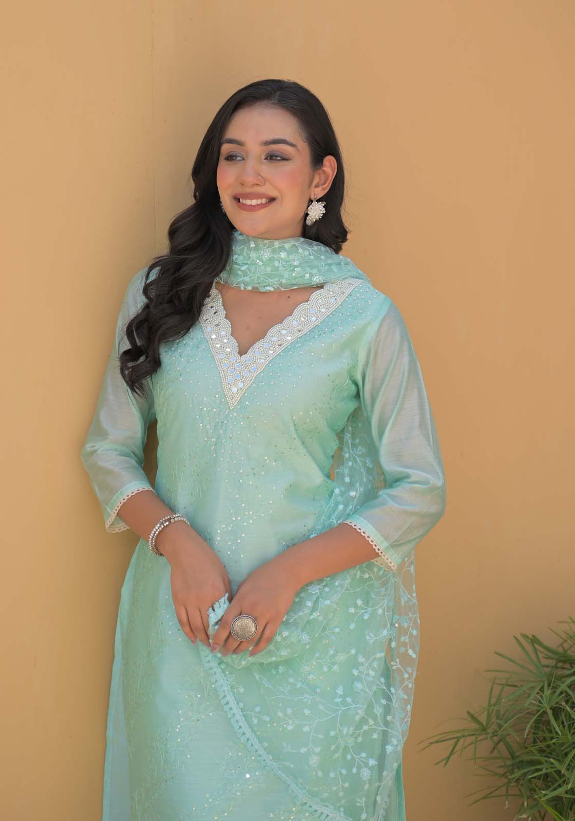 Label Khoj Women Chanderi silk kurta, trouser and dupptta set