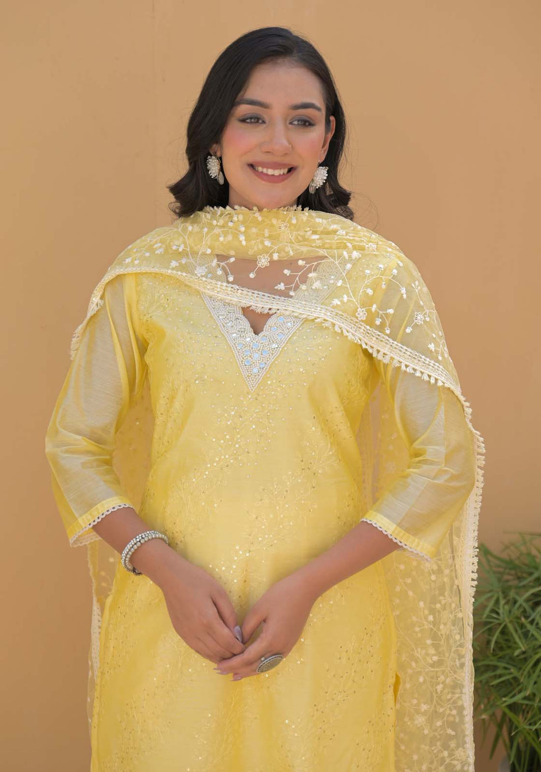 Label Khoj Women Chanderi silk kurta, trouser and dupptta set