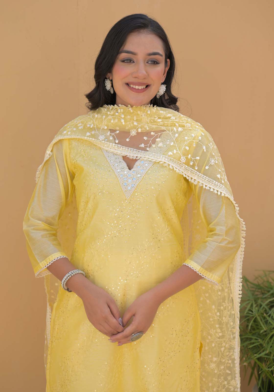 Label Khoj Women Chanderi silk kurta, trouser and dupptta set