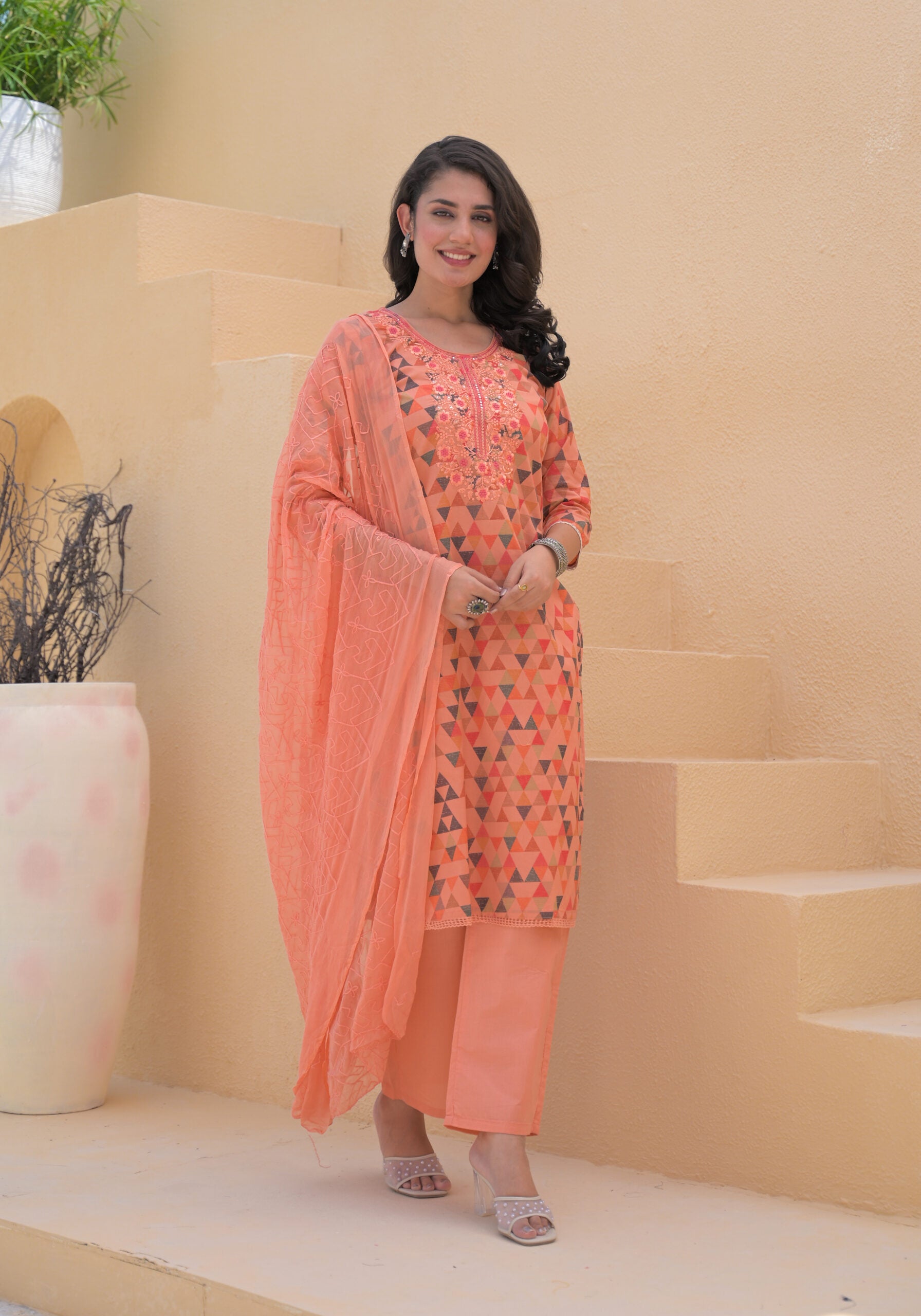 Label Khoj Women cotton kurta, trouser and dupptta set