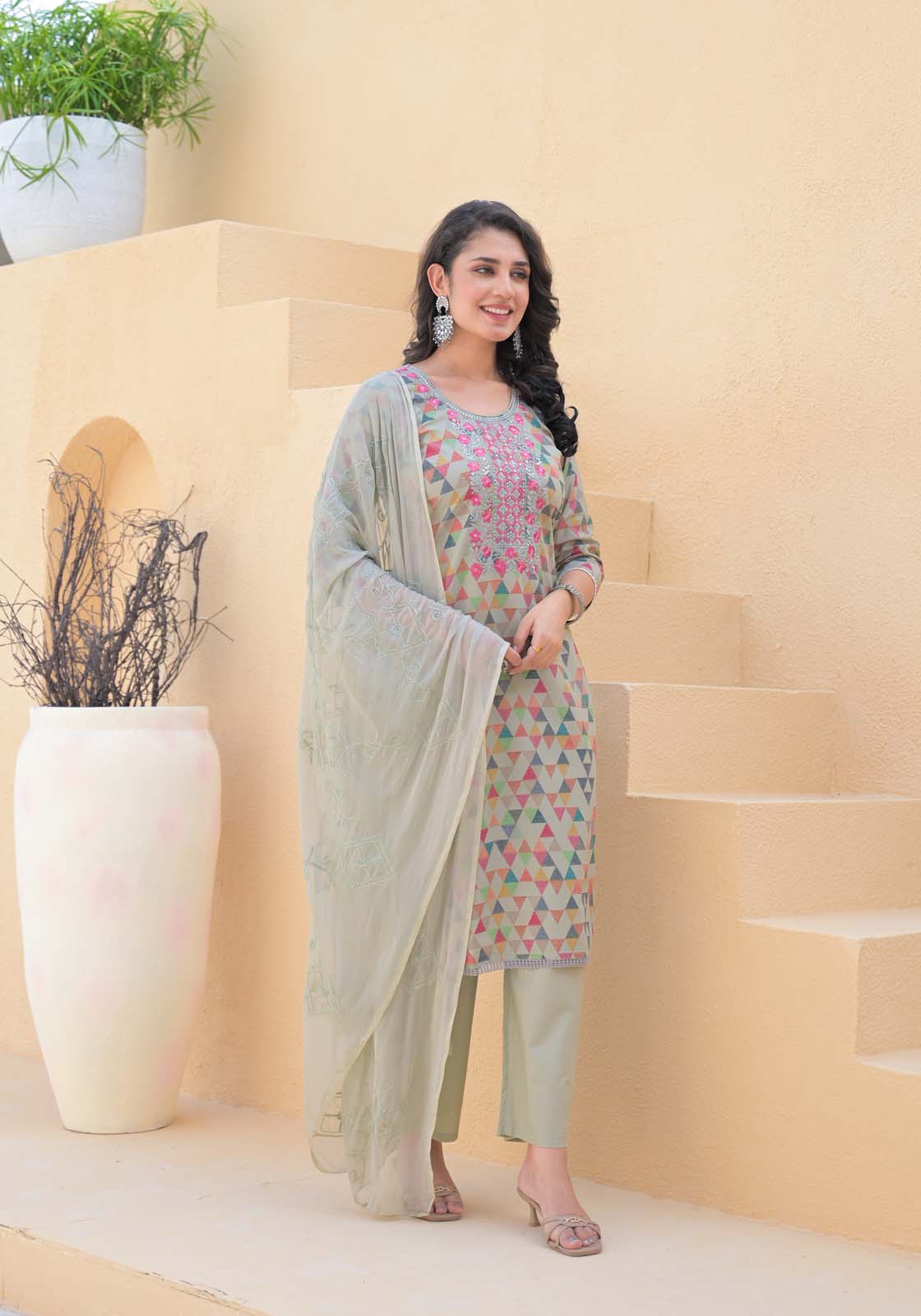 Label Khoj Women cotton kurta, trouser and dupptta set