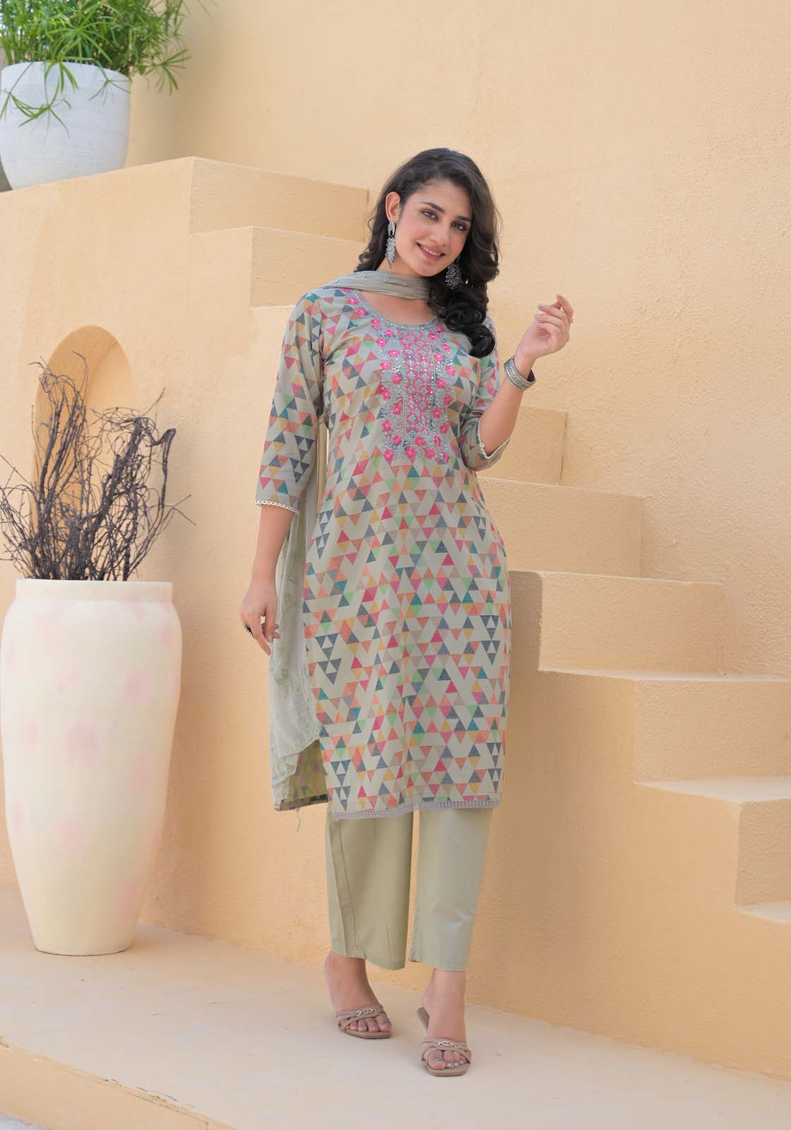 Label Khoj Women cotton kurta, trouser and dupptta set