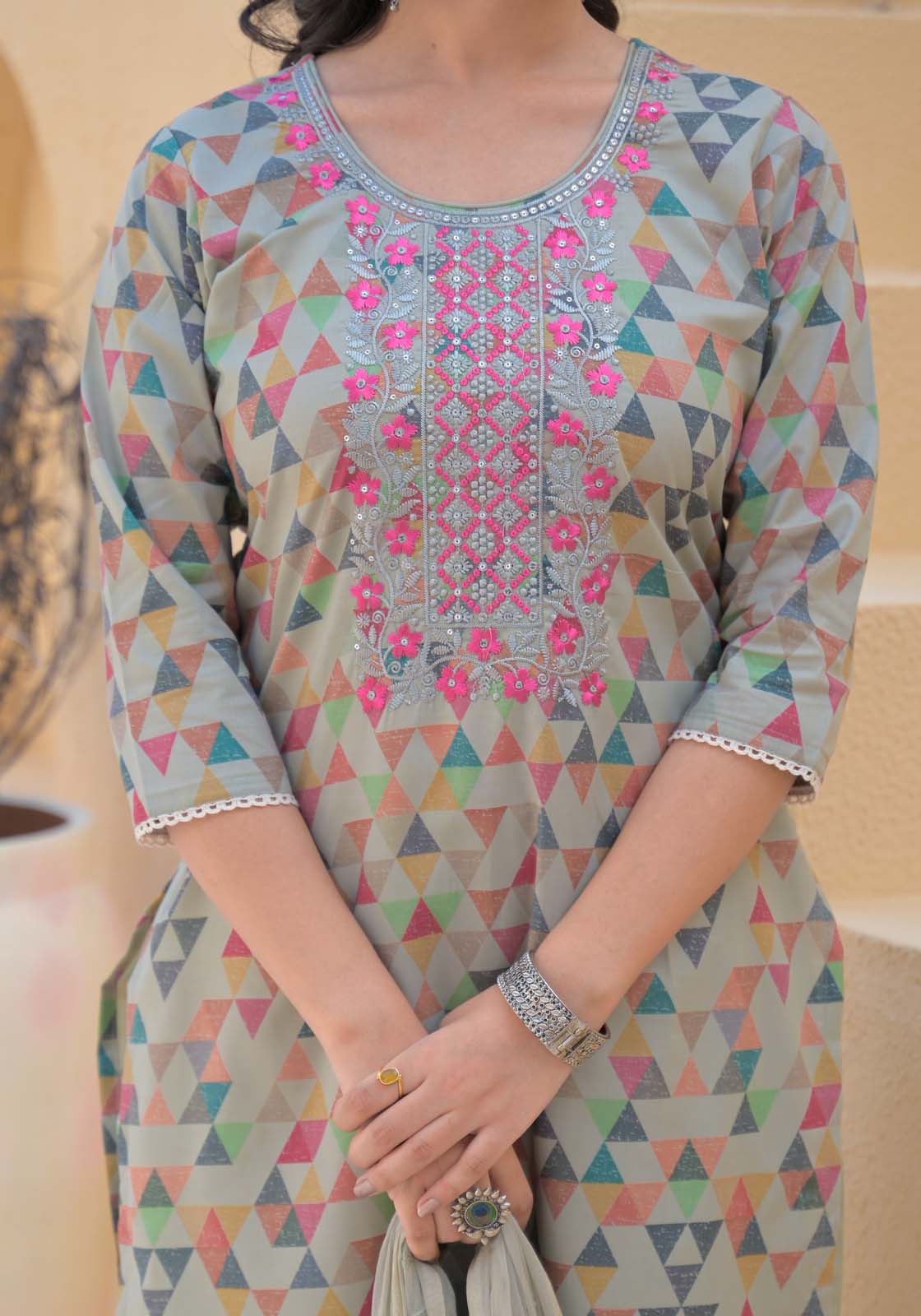 Label Khoj Women cotton kurta, trouser and dupptta set