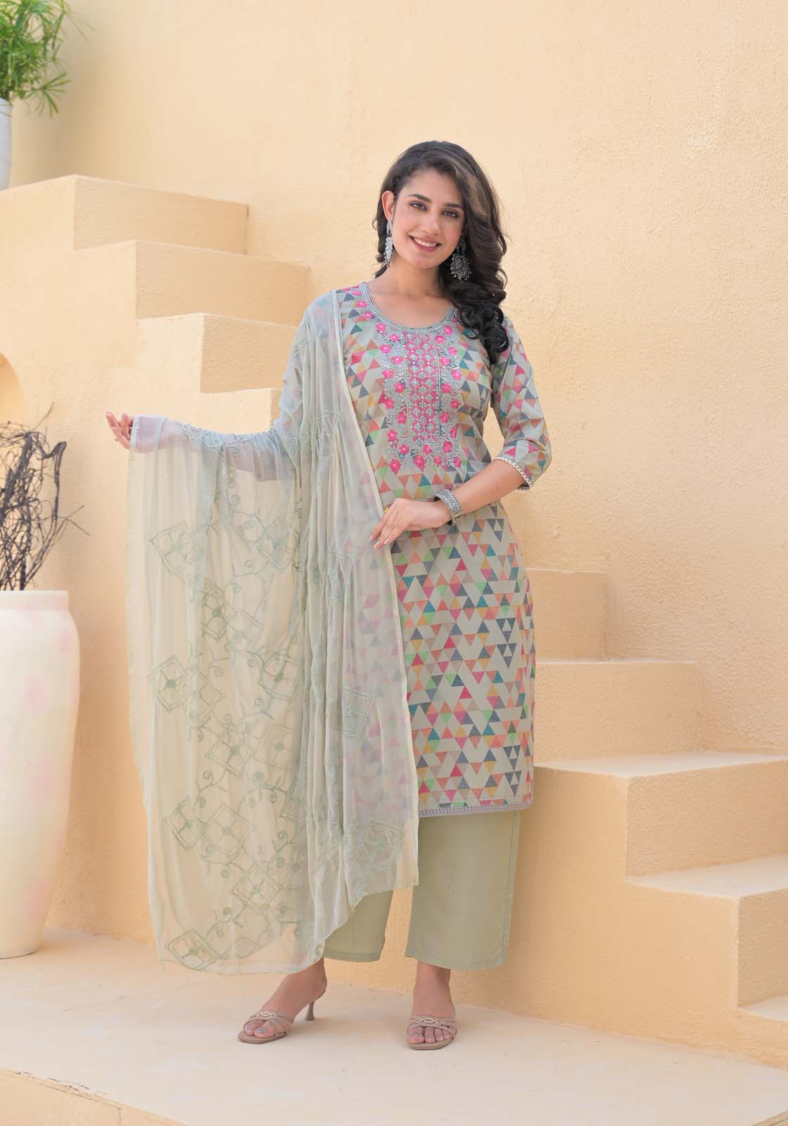 Label Khoj Women cotton kurta, trouser and dupptta set