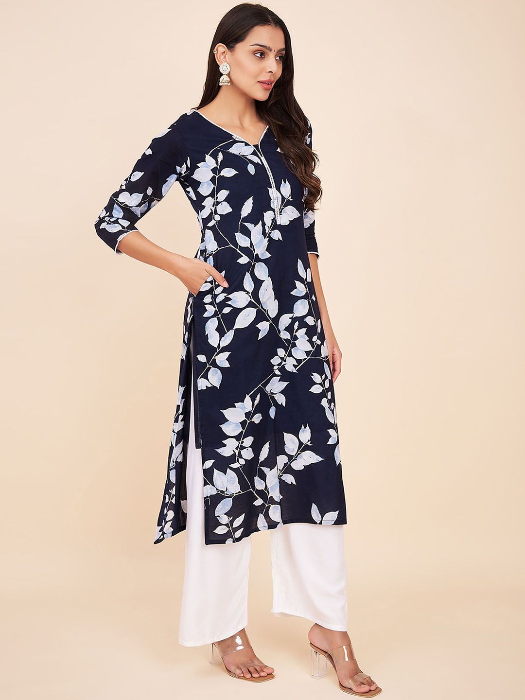 Label Khoj Women Navy Floral Cotton Kurta