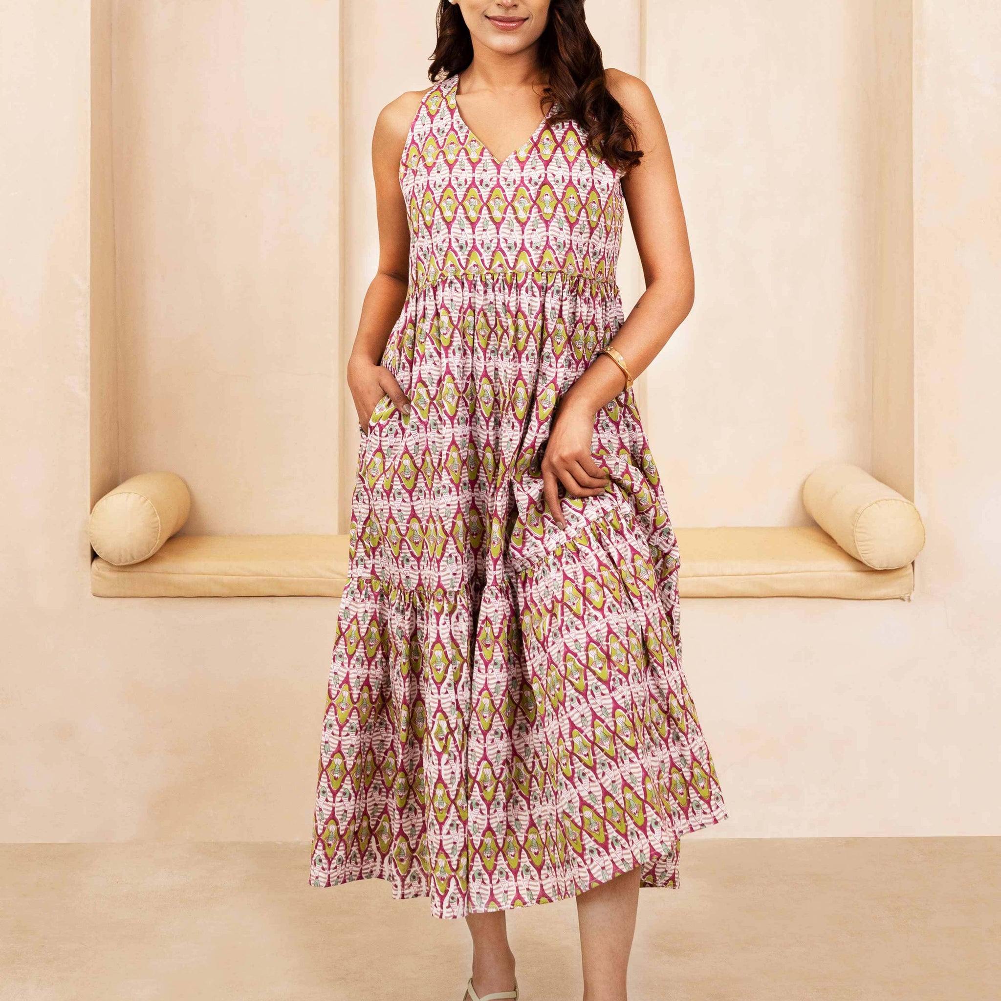 Maroon and Olive Halter Neck Dress