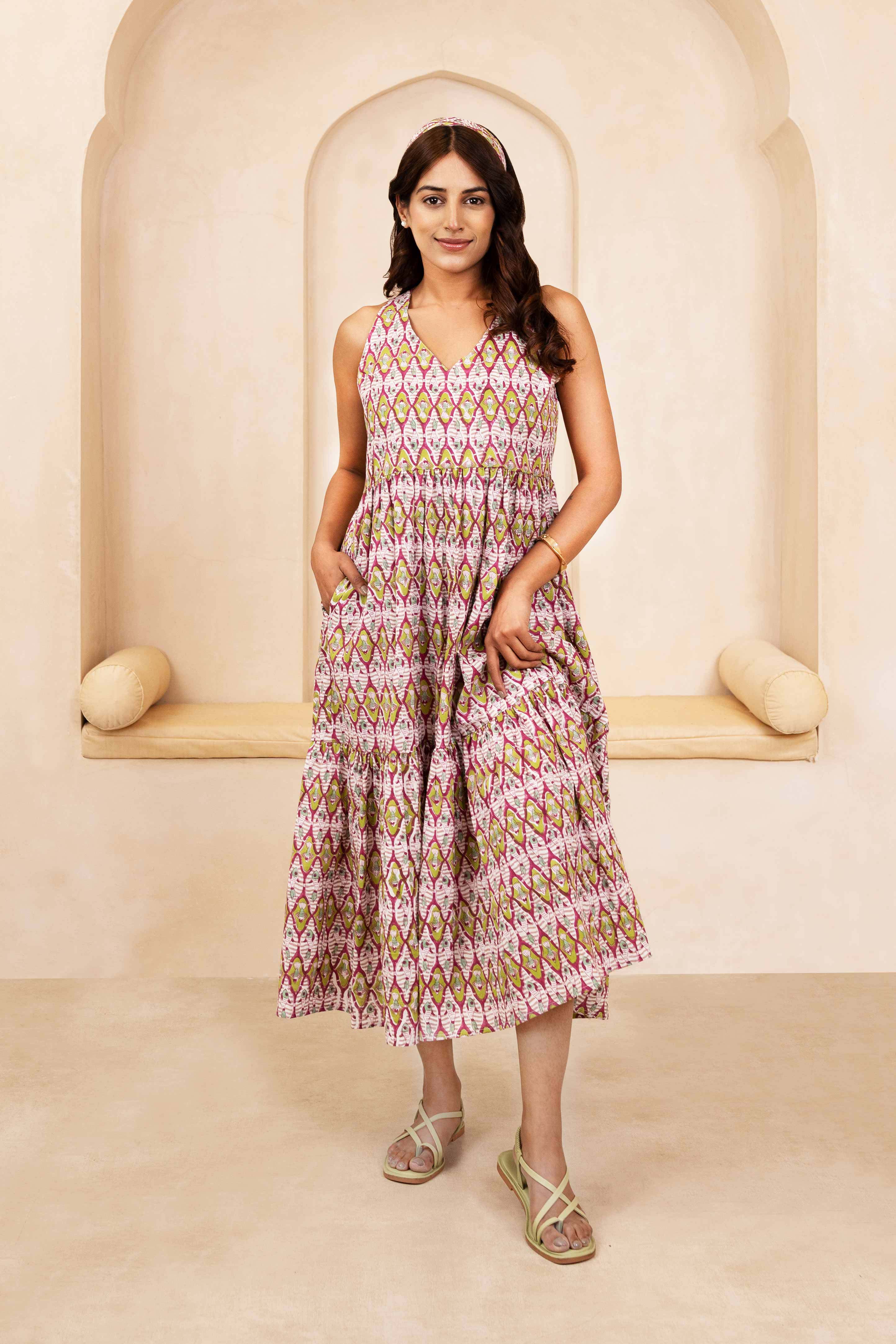 Maroon and Olive Halter Neck Dress