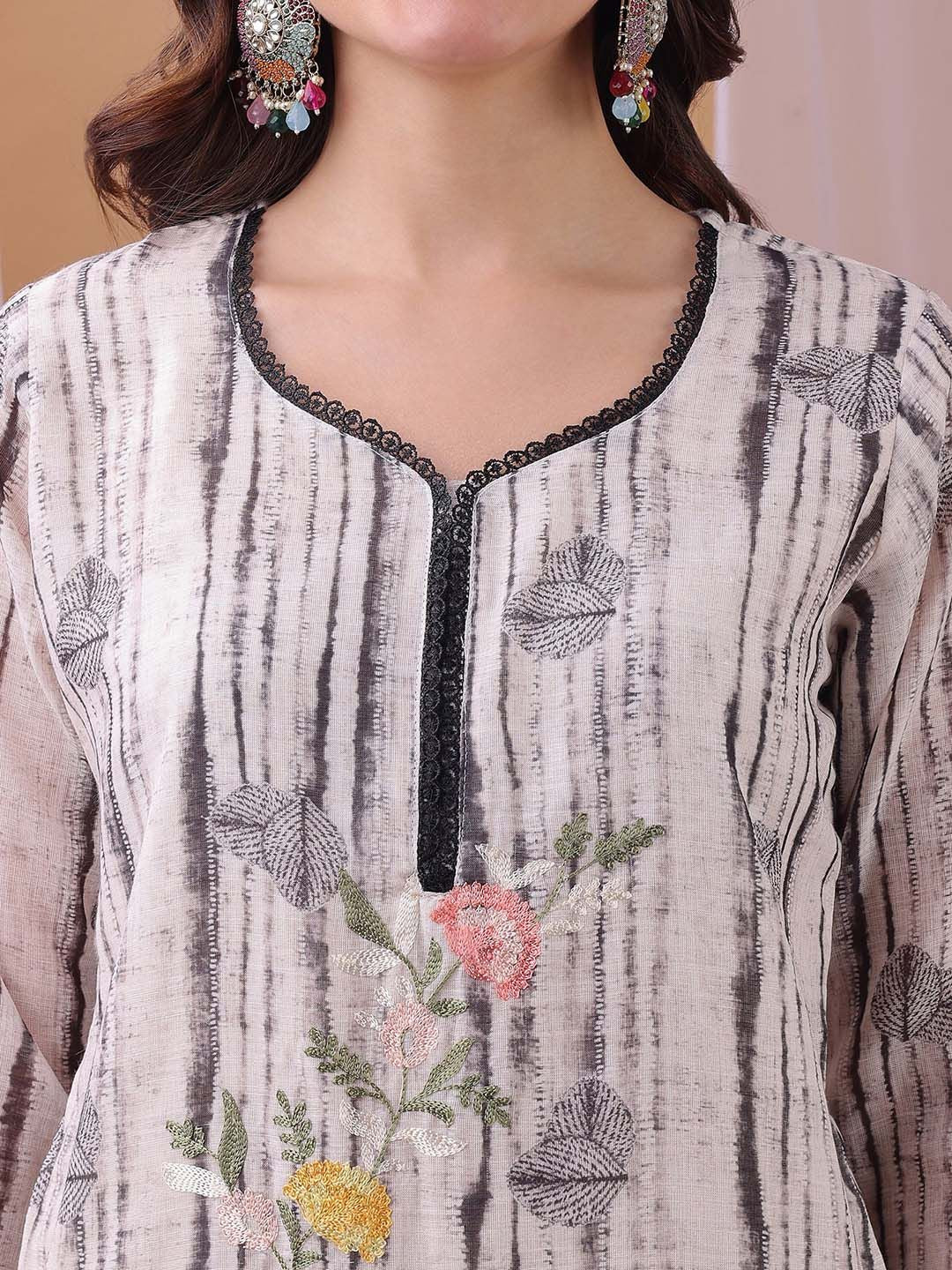 Label Khoj Women's Grey Linen Embroidered Kurta with Pant and Grey Dupatta