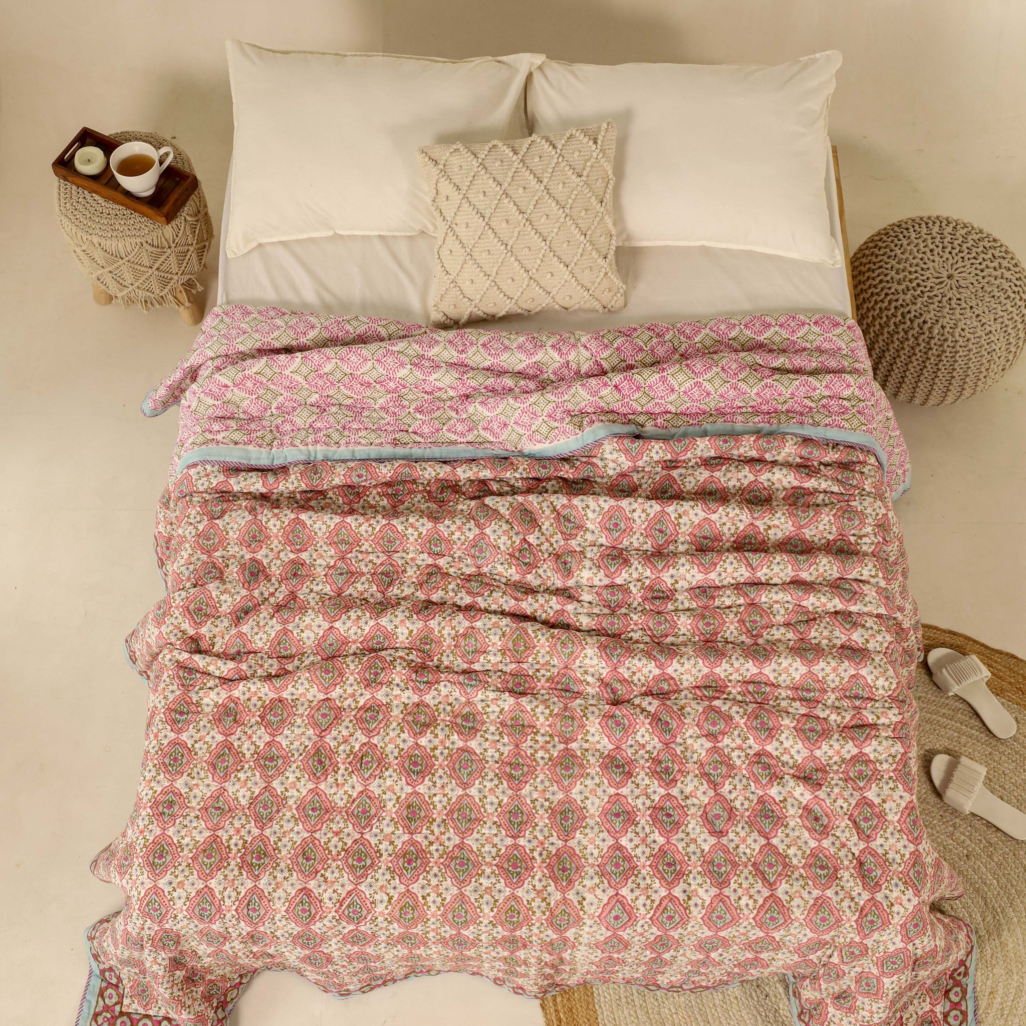 Peach, Pink and BlueReversible Quilted Bed Razai