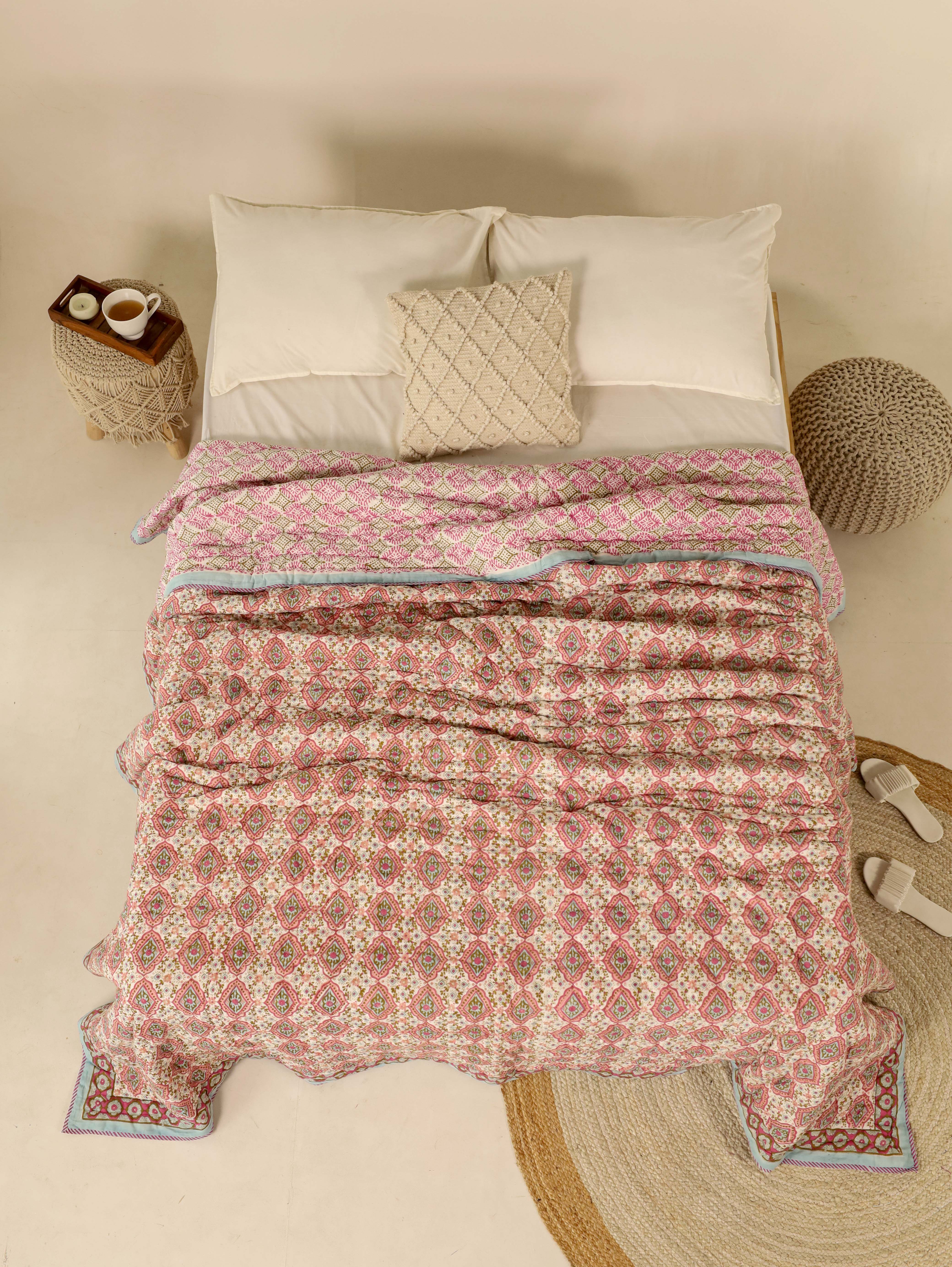 Peach, Pink and BlueReversible Quilted Bed Razai