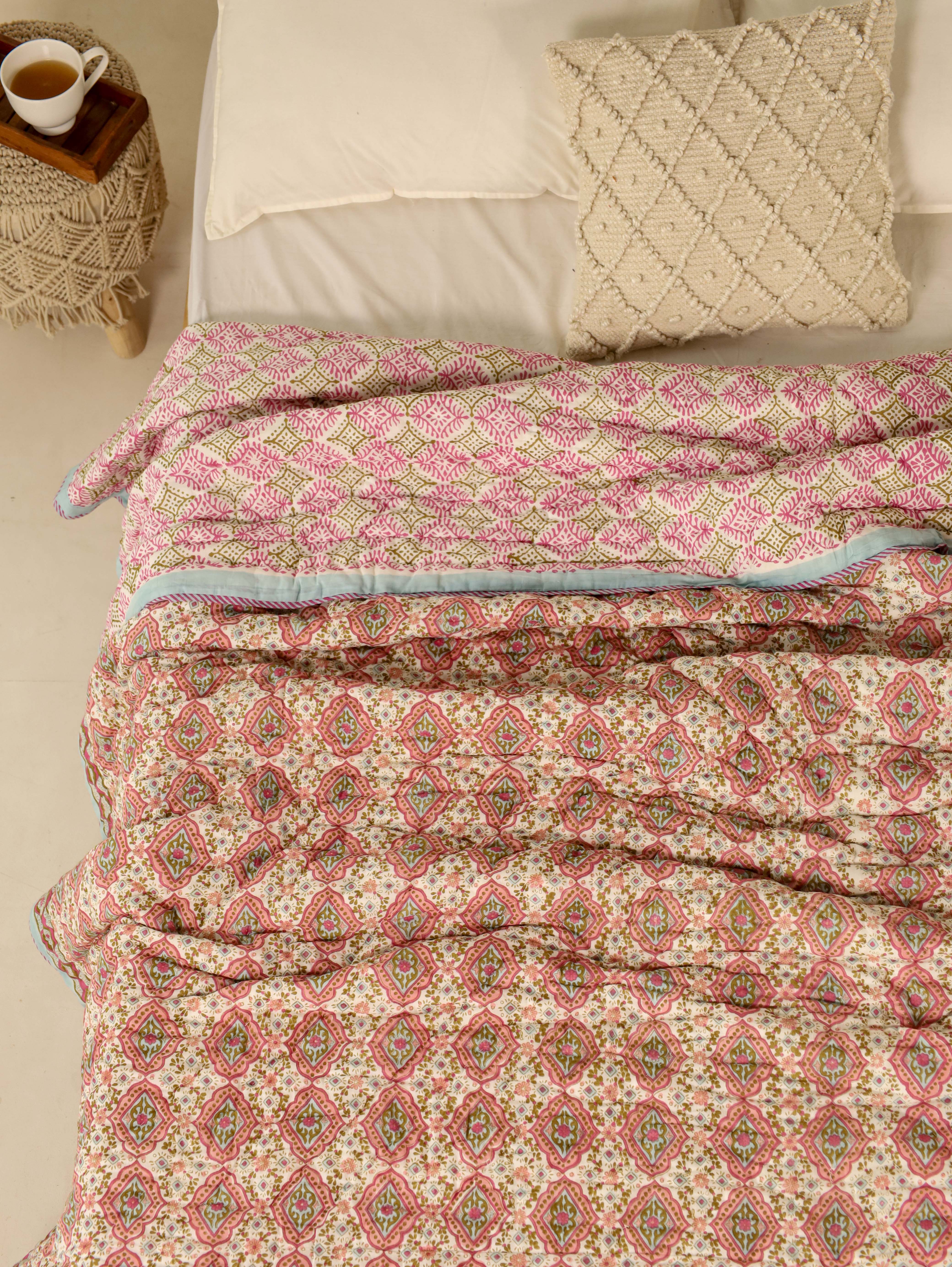 Peach, Pink and BlueReversible Quilted Bed Razai