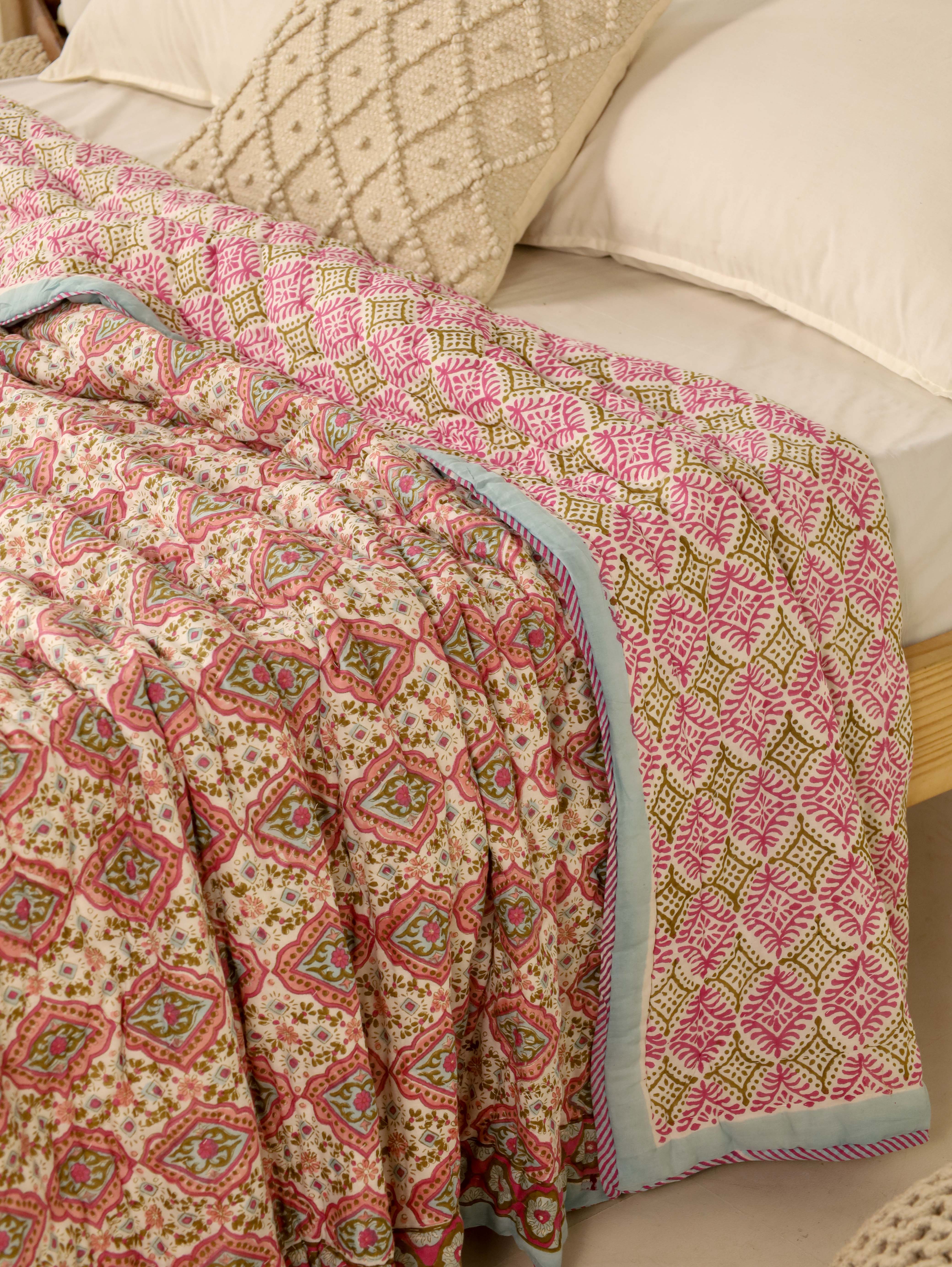 Peach, Pink and BlueReversible Quilted Bed Razai