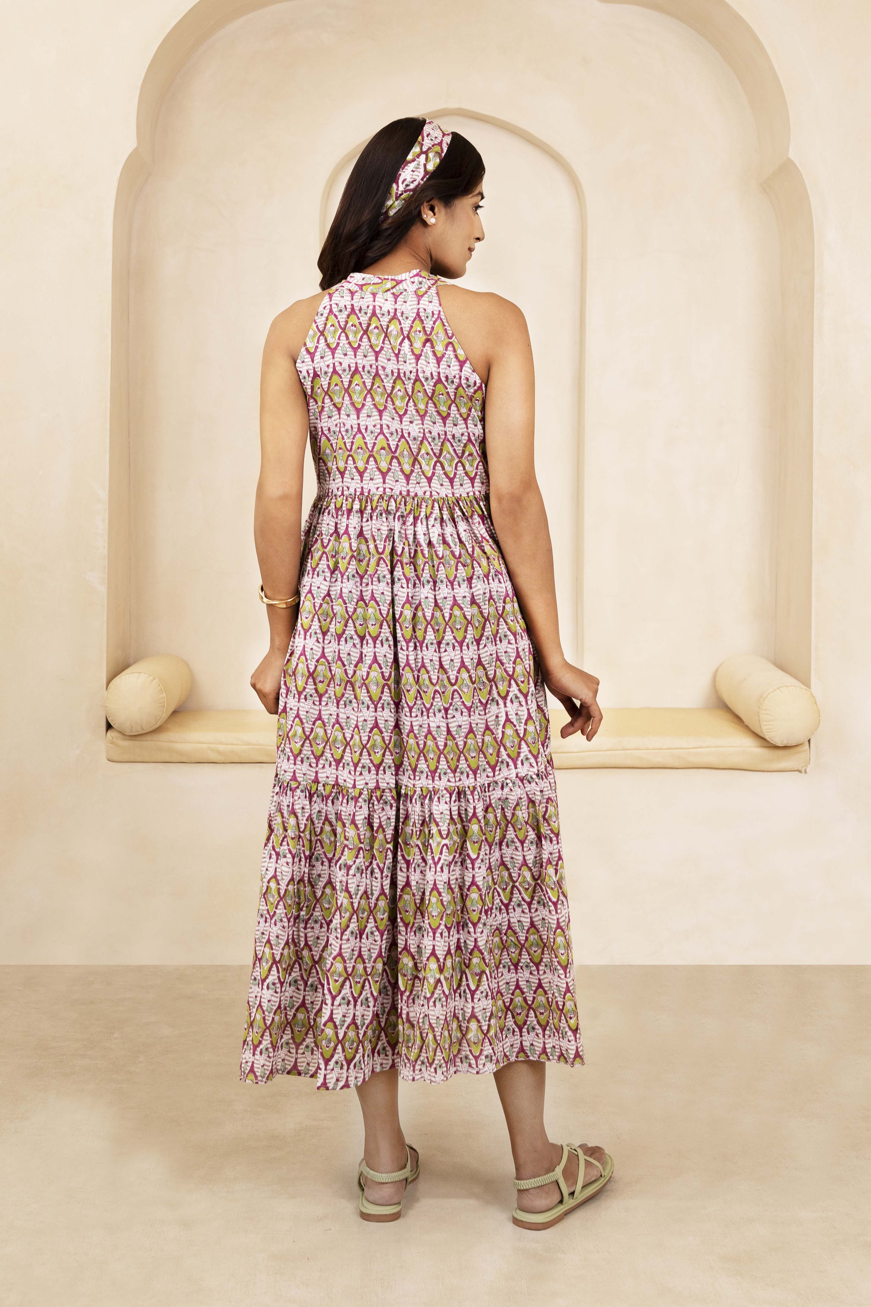 Maroon and Olive Halter Neck Dress
