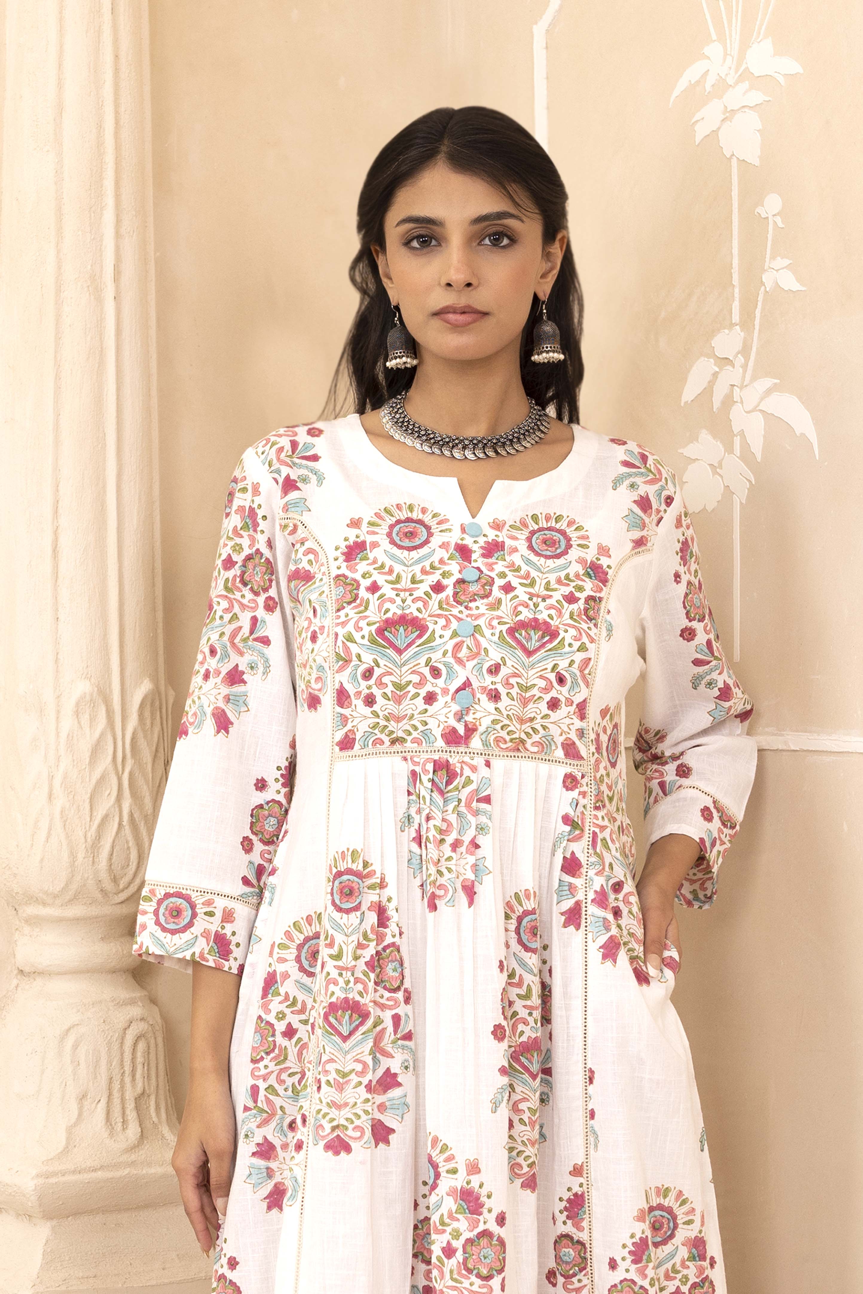 White Mughal Motif Dress