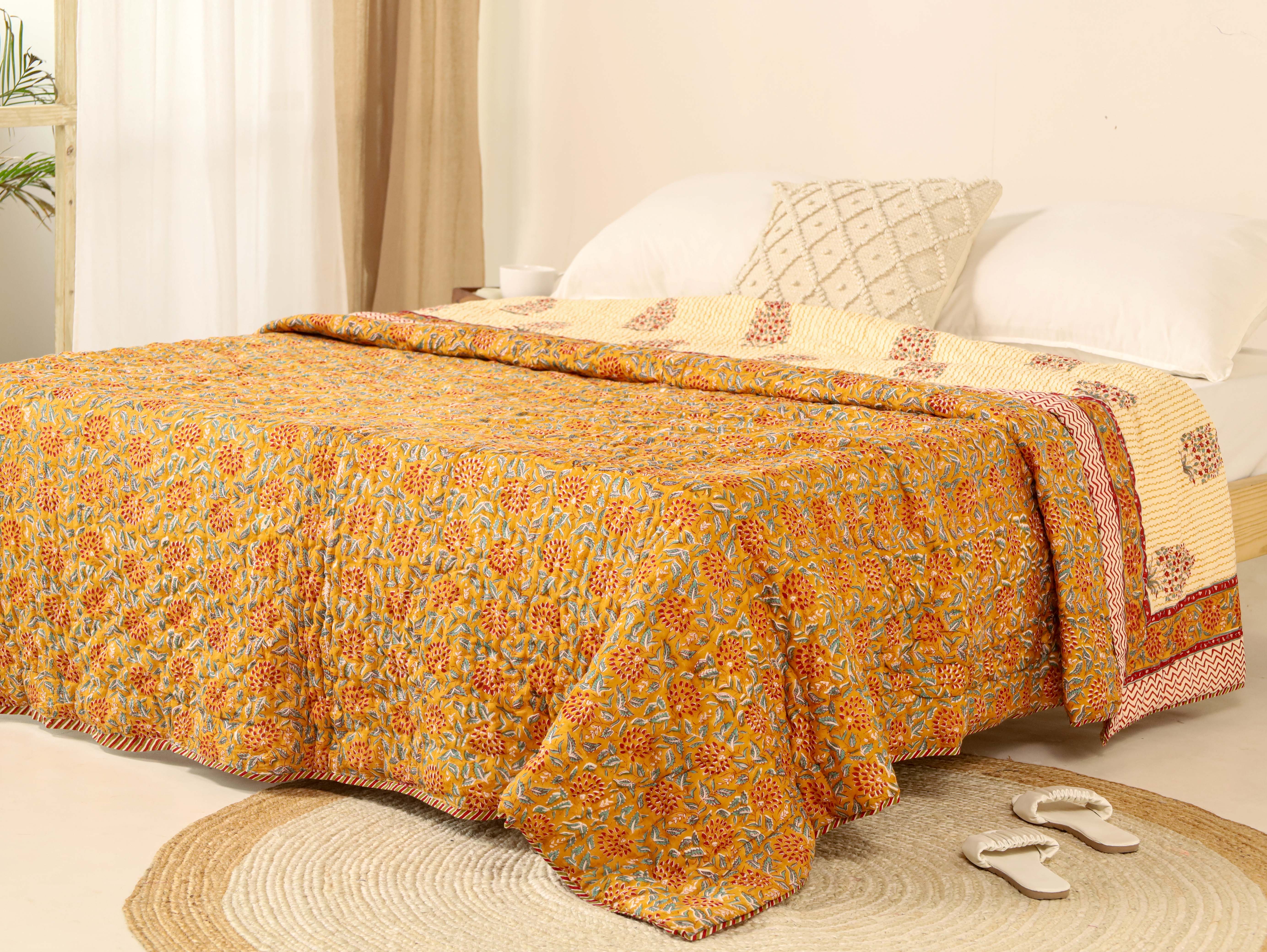 Mustard Yellow Reversible Quilted Bed Razai