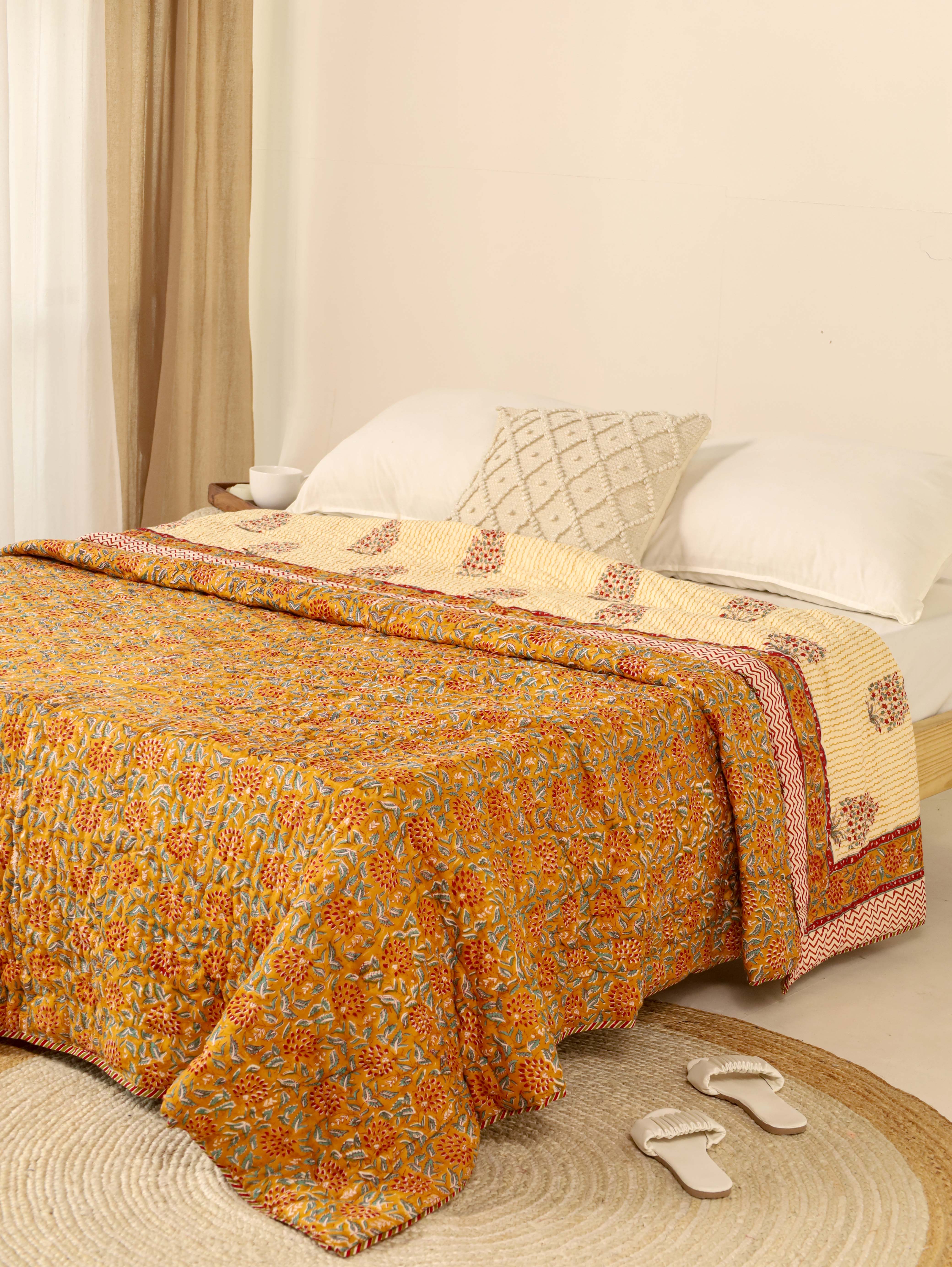 Mustard Yellow Reversible Quilted Bed Razai