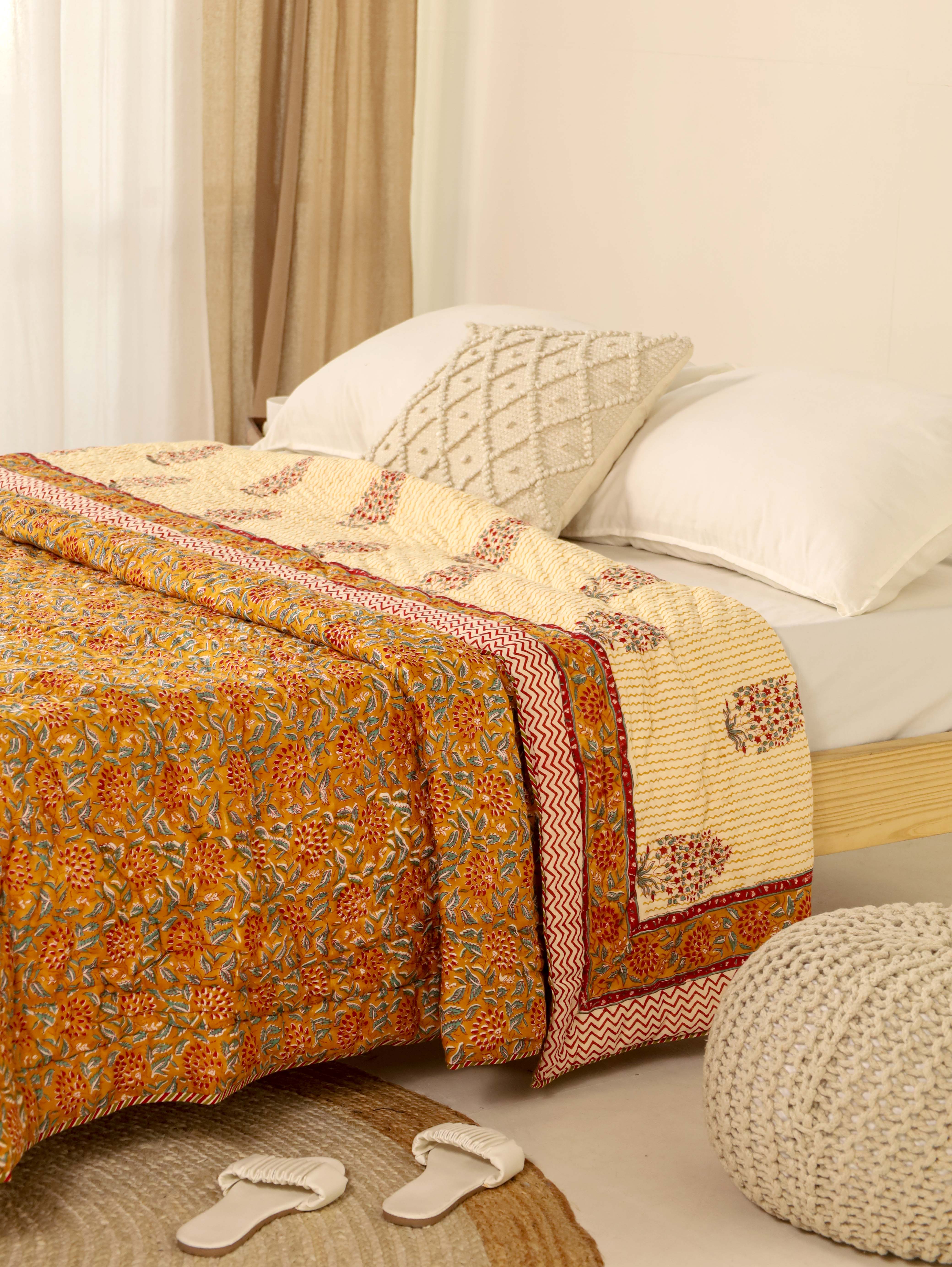 Mustard Yellow Reversible Quilted Bed Razai