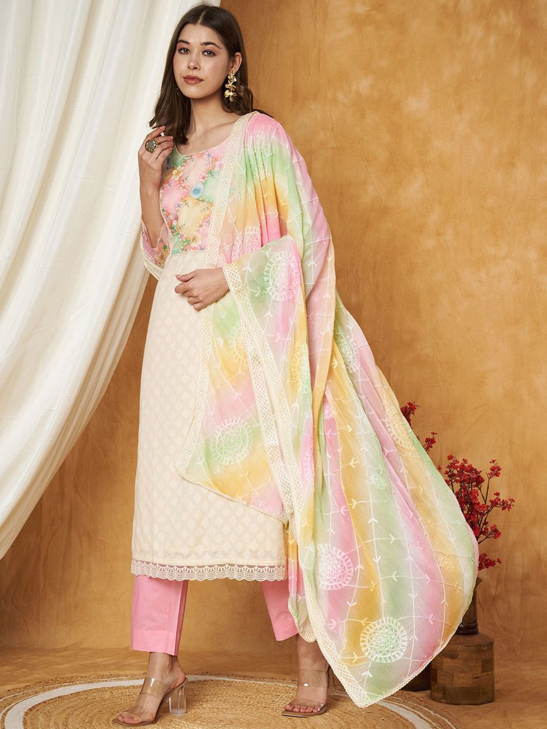 Label Khoj Women's Pink Cotton Jacquard Patch Work Kurta with Pant and Dupatta