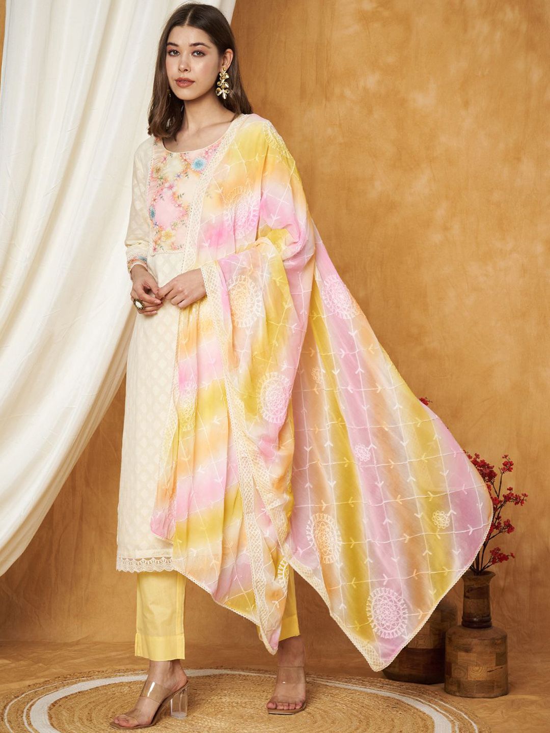 Label Khoj Women's Yellow Cotton Jacquard Patch Work Kurta with Pant and Dupatta