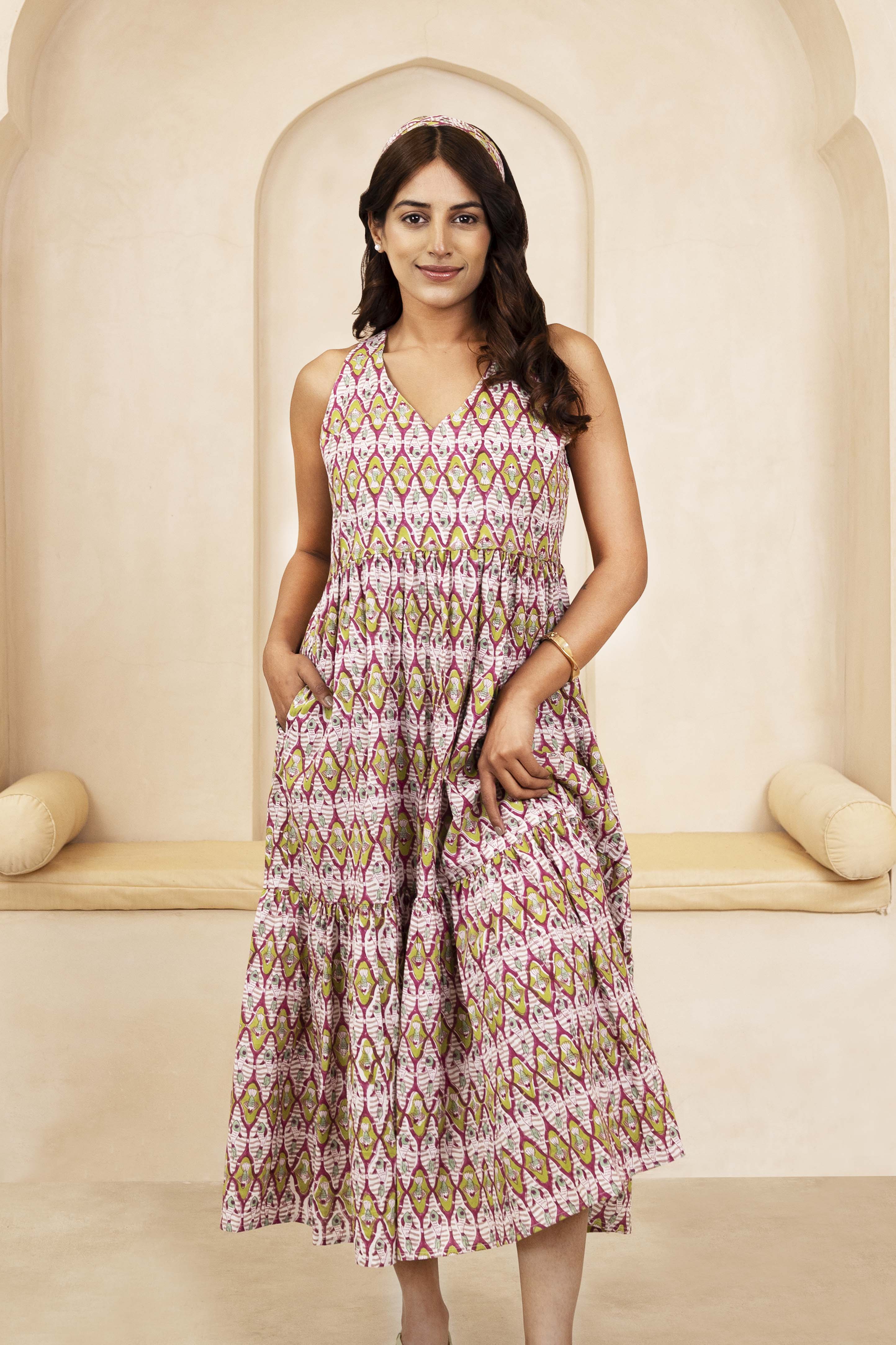 Maroon and Olive Halter Neck Dress
