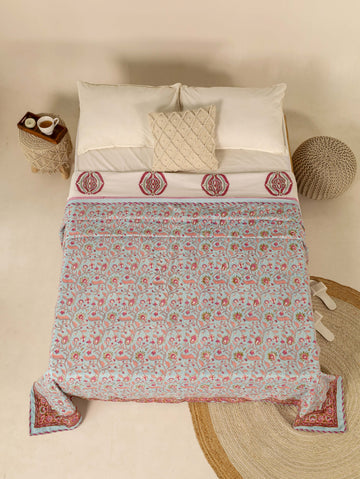 Light Blue and Maroon Dohar Reversible Bed Spreader