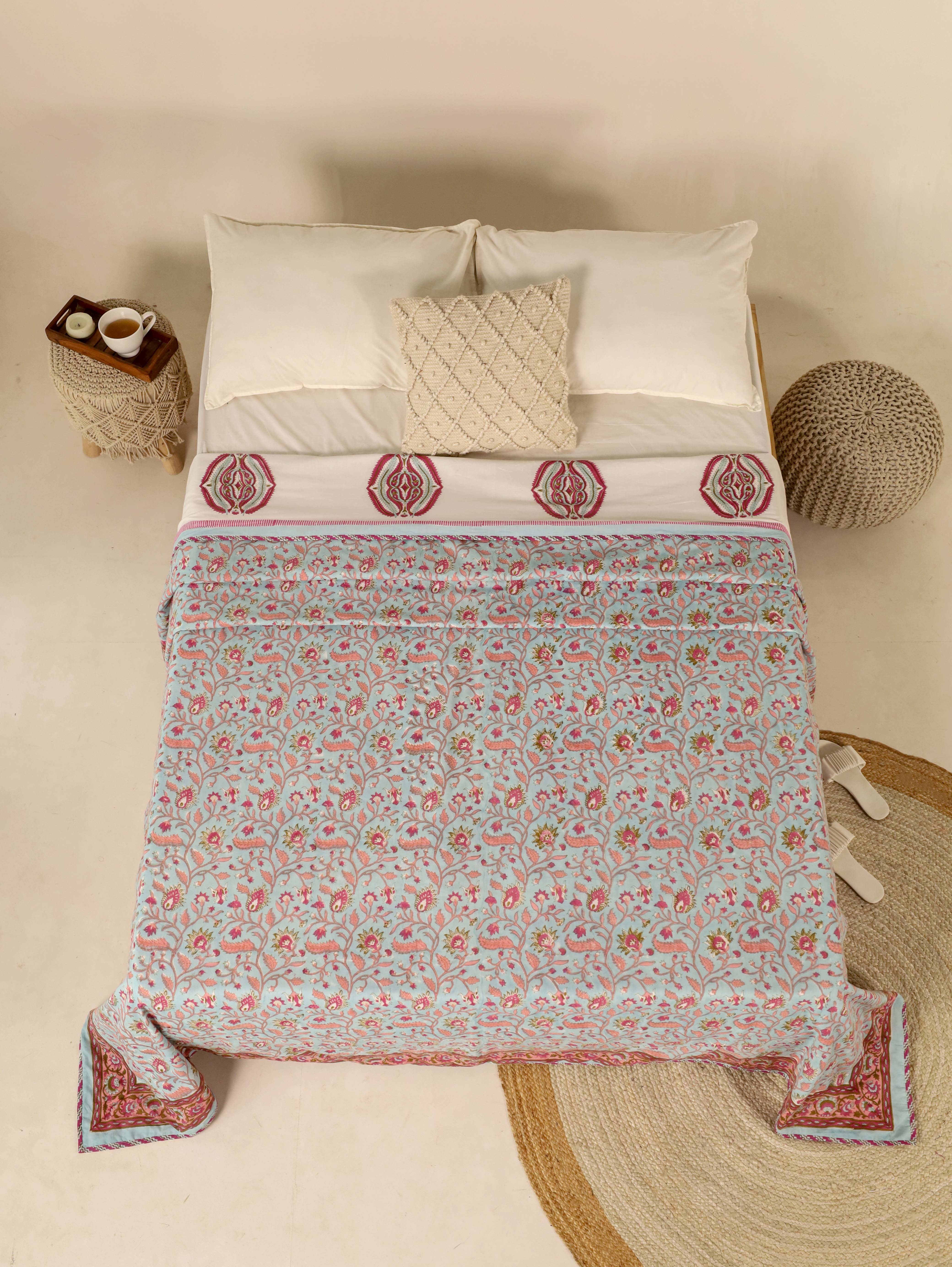 Light Blue and Maroon Dohar Reversible Bed Spreader