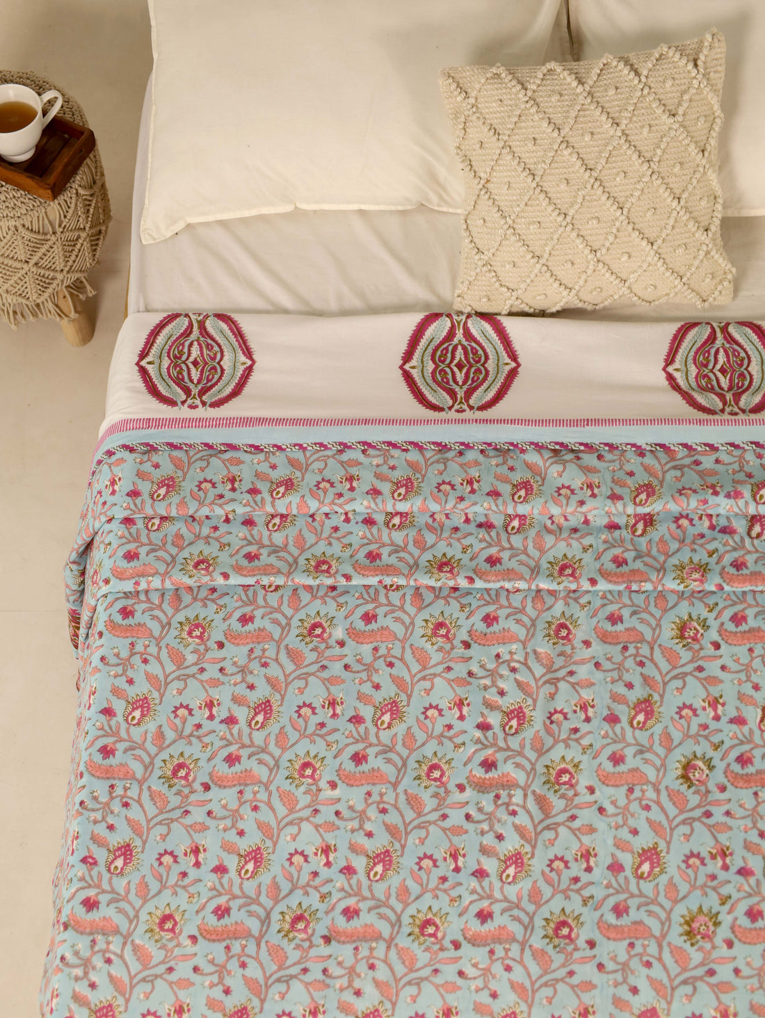 Light Blue and Maroon Dohar Reversible Bed Spreader