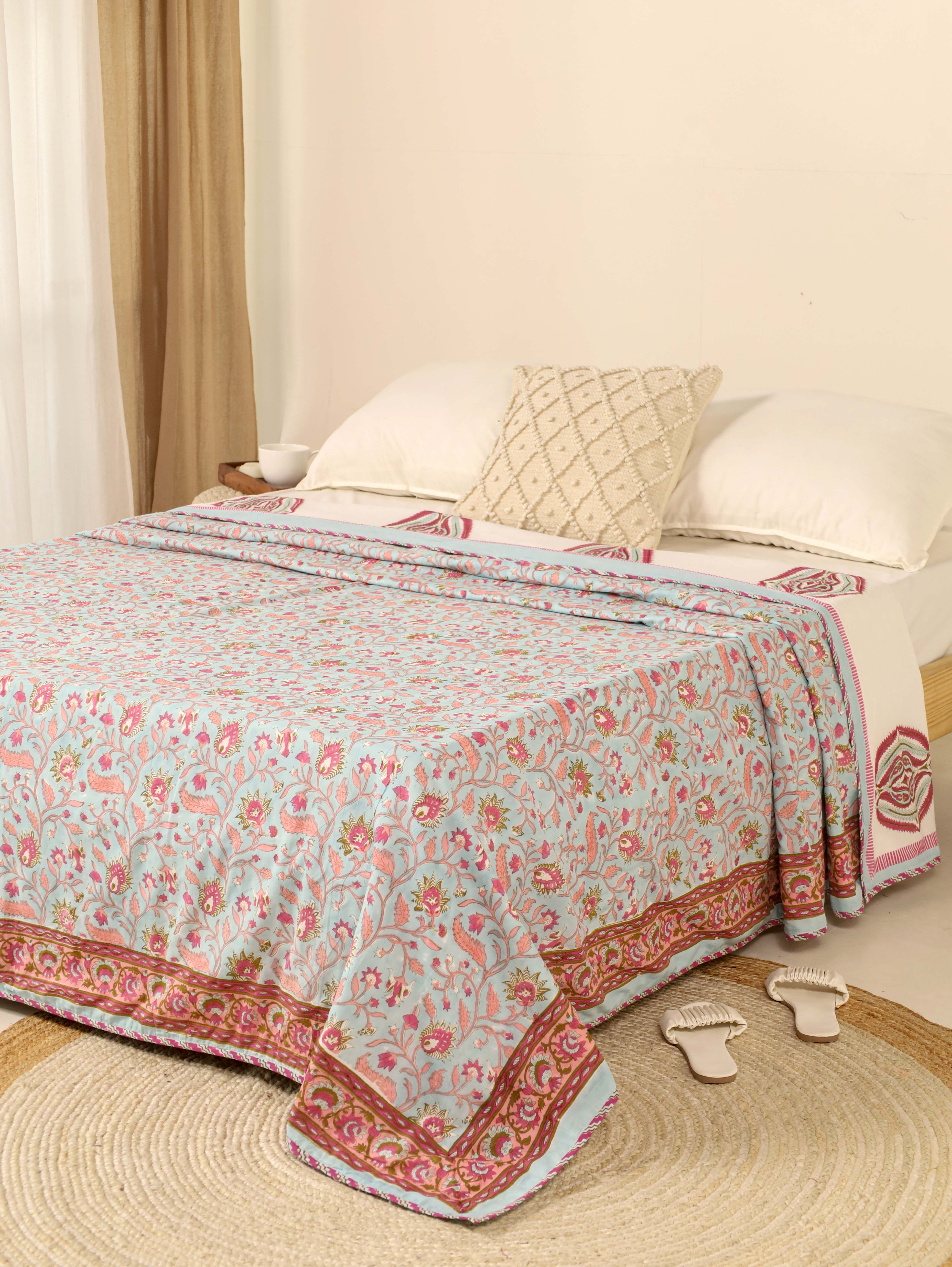 Light Blue and Maroon Dohar Reversible Bed Spreader
